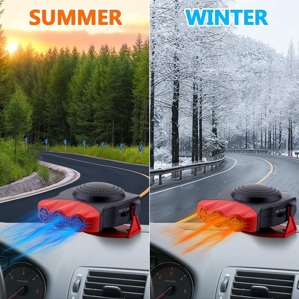 Autoinnenraum mit Sommer- und Winterszenen. Eine rot-schwarze Heizung bläst blaue und orangefarbene Luft. Sommerstraße und Winter-Schneestraße.