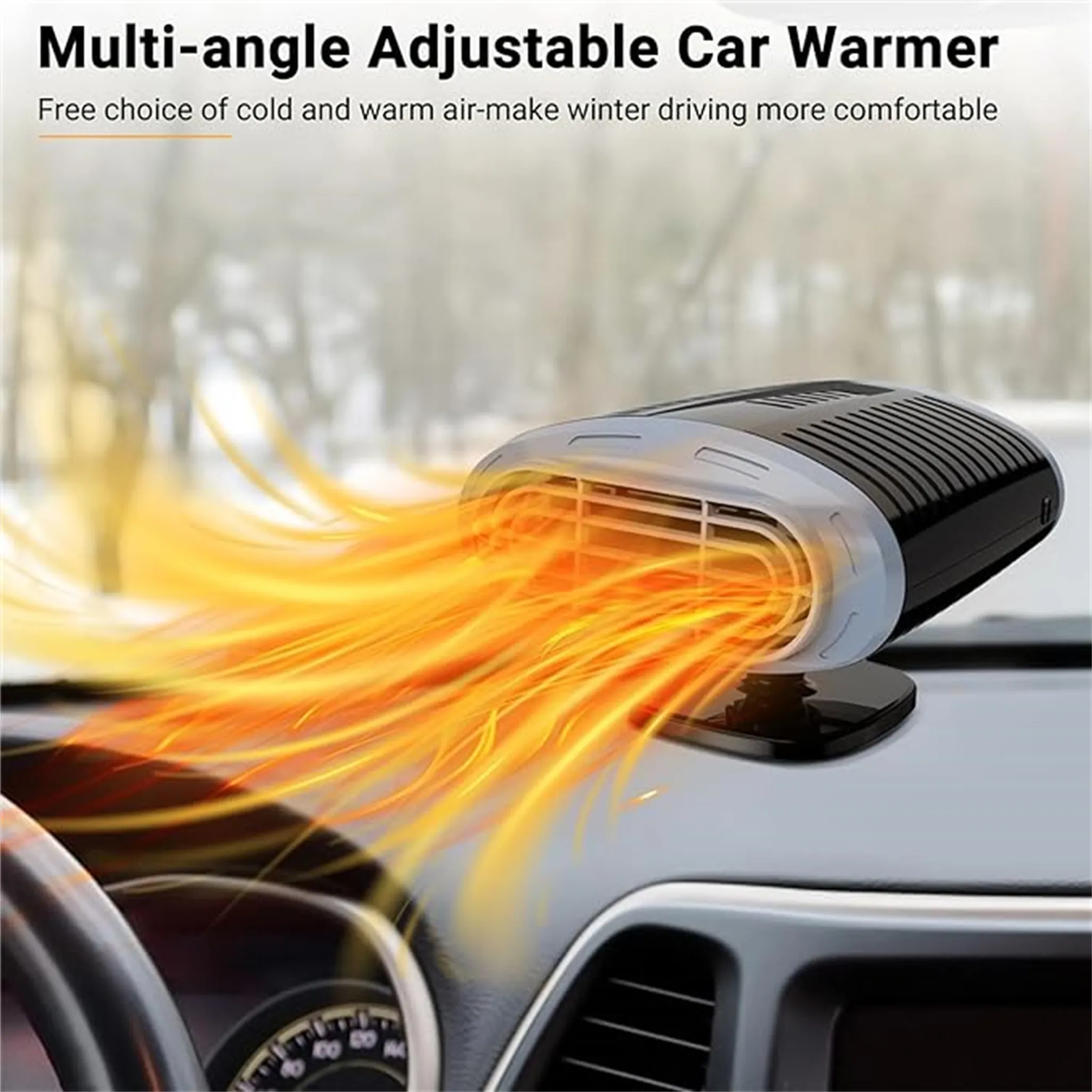 Auto-Heizung, die warme Luft ausbläst. Das Gerät ist schwarz-weiß mit orangen Luftströmen.