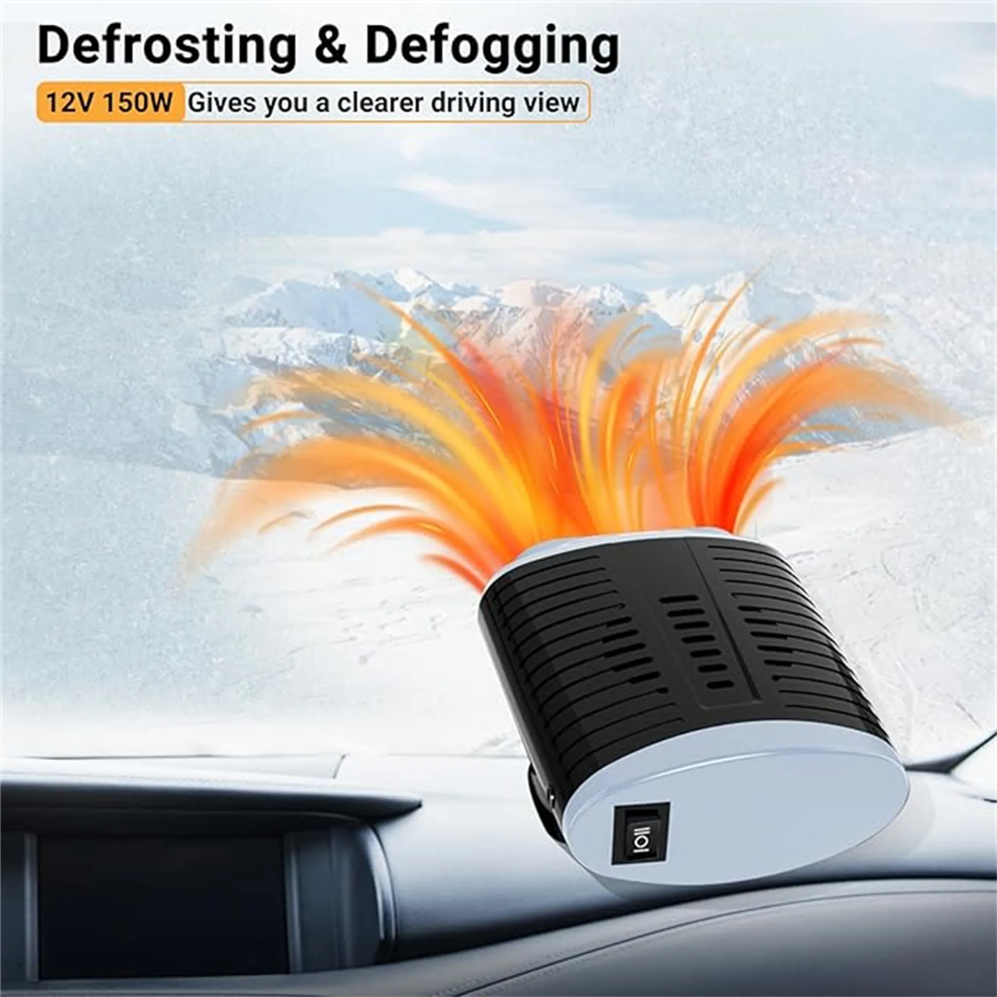 Auto-Enteiser mit orange/gelbem Luftstrom. Verschneite Berge im Hintergrund. Armaturenbrett im Vordergrund.