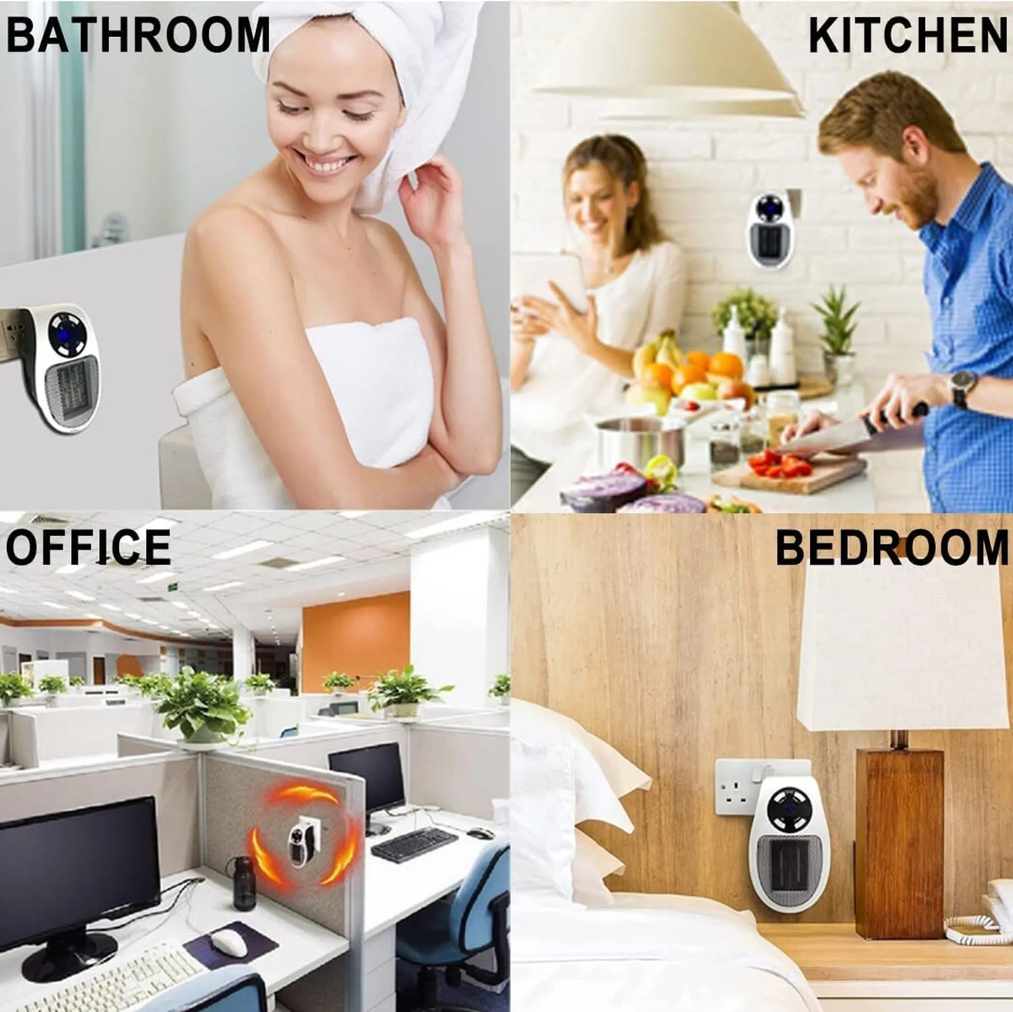 Das Bild zeigt einen Heizlüfter in vier verschiedenen Umgebungen: Badezimmer, Küche, Büro und Schlafzimmer. Jedes Bild hat einen Heizlüfter.