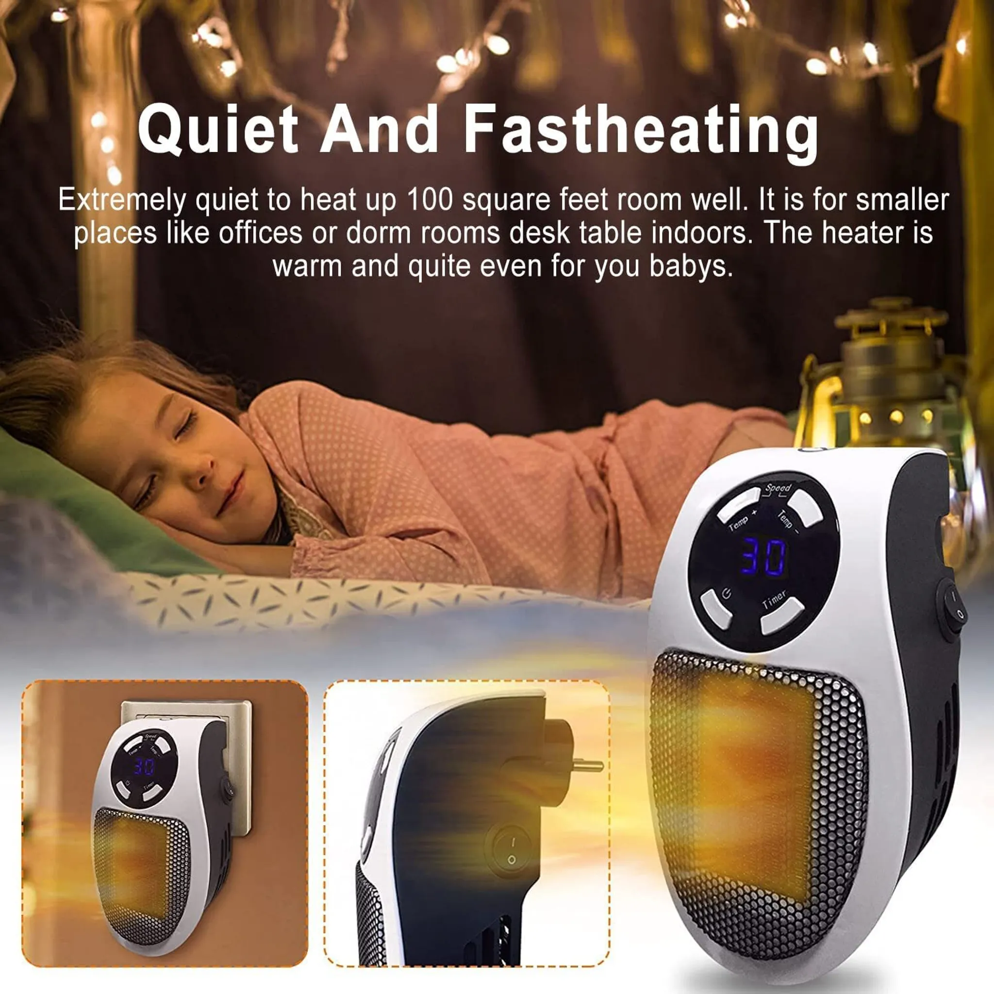 Ein Mädchen schläft neben einer Heizung. Text sagt 'Quiet And Fastheating'. Die Heizung zeigt Temperatur und Timer.