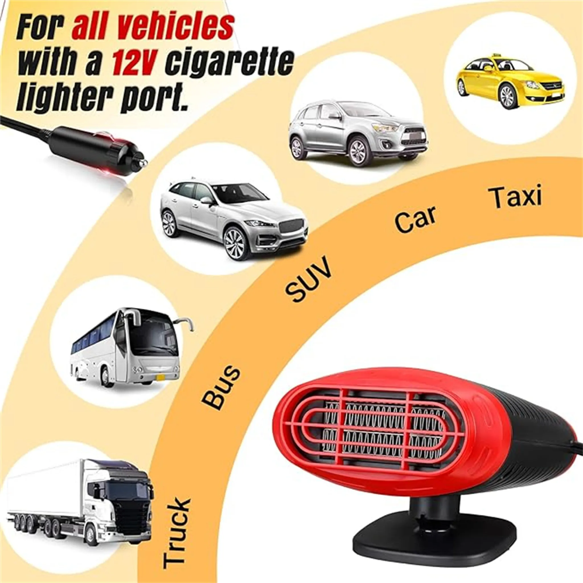 Das Bild zeigt eine rote und schwarze Autoheizung, mit Autos (SUV, Auto, Taxi, Bus, LKW) und einem Zigarettenanzünderstecker.