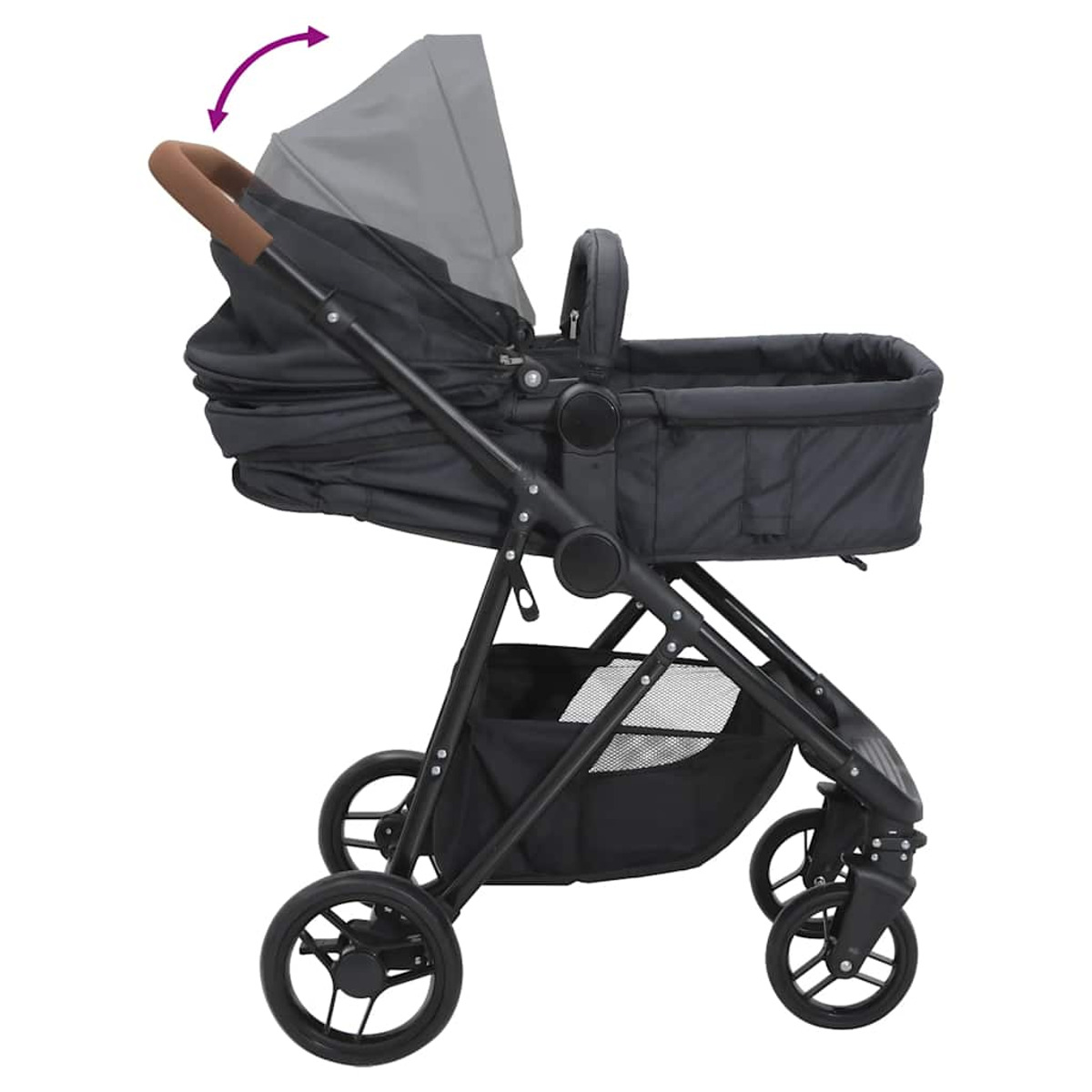 Ein schwarzer Kinderwagen mit verstellbarem grauem Verdeck und braunem Griff. Er hat einen Aufbewahrungskorb und vier Räder.