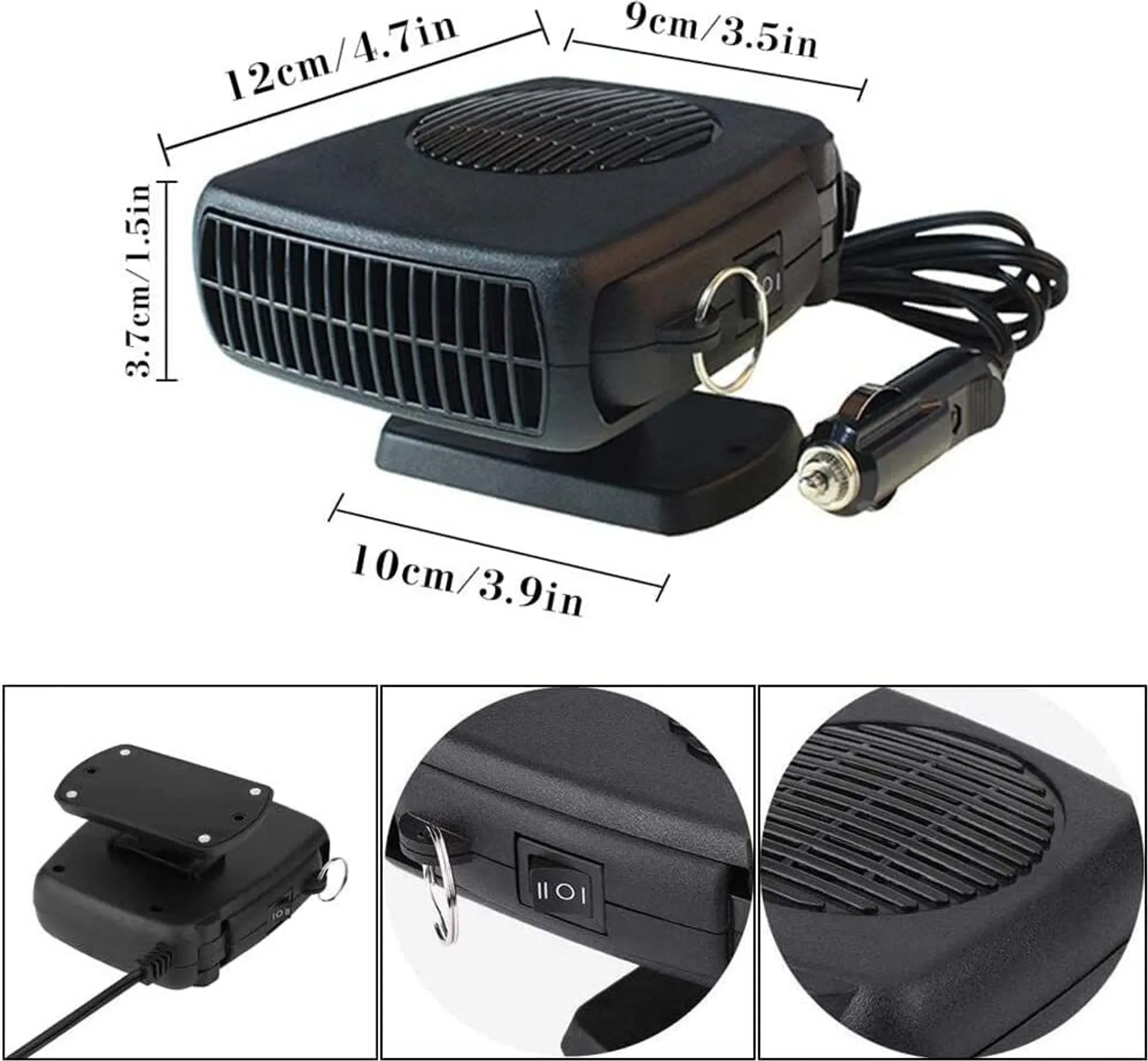 Eine schwarze Autoheizung mit Maßangaben. Enthält ein Netzkabel und einen 12-V-Adapter. Drei Nahaufnahmen zeigen Details.