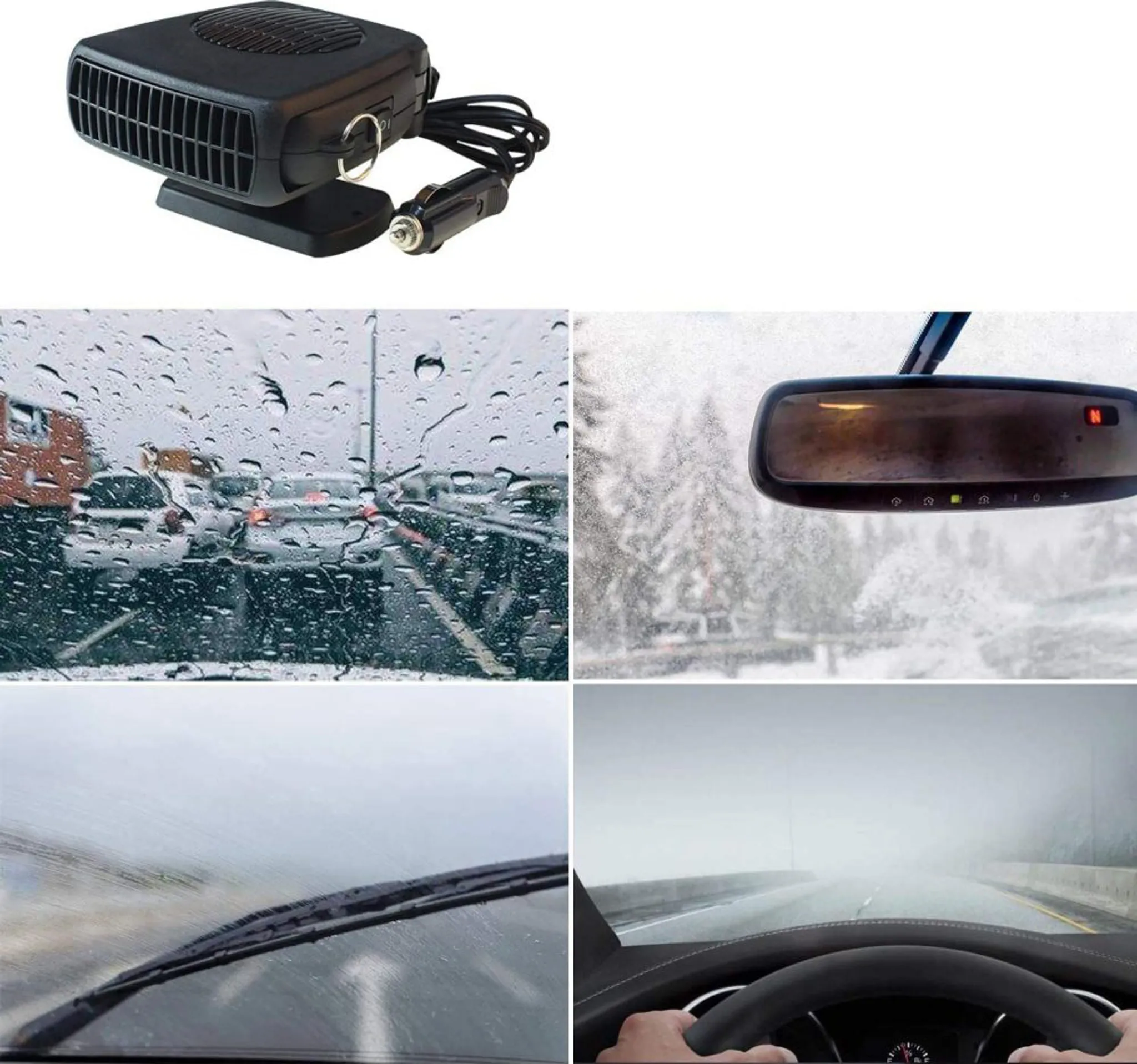 Bilder zeigen Autozubehör, Regen, Schnee und Nebel. Ein Bild zeigt eine Autoheizung. Andere zeigen das Fahren bei schlechtem Wetter.