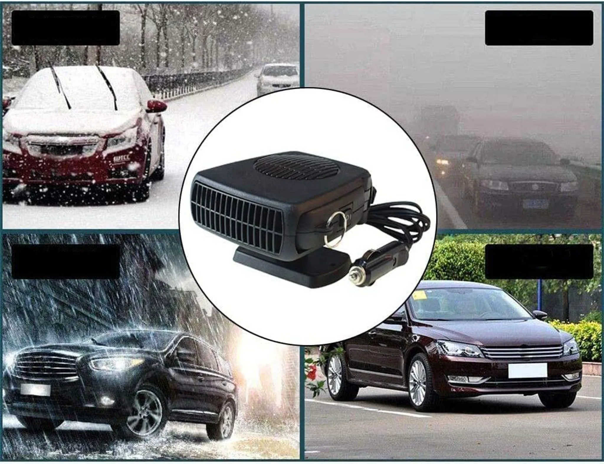 Ein Autoheizer in einem Kreis, mit vier Bildern von Autos bei verschiedenen Wetterbedingungen: Schnee, Nebel, Regen und klar.