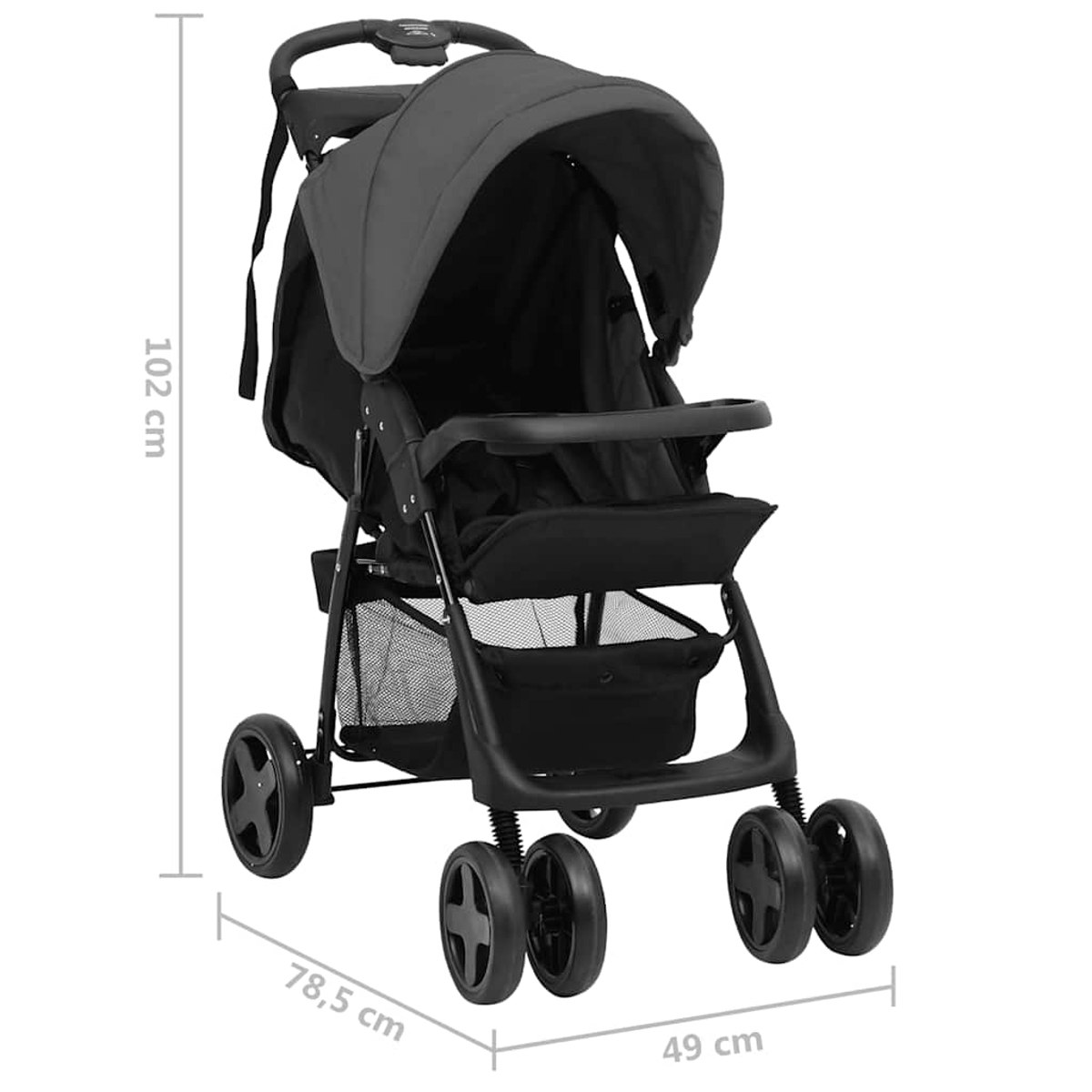 Ein schwarzer Kinderwagen mit Verdeck, vier Rädern und einem Ablagekorb. Die Maße sind angegeben: 102 cm hoch, 78,5 cm breit und 49 cm tief.