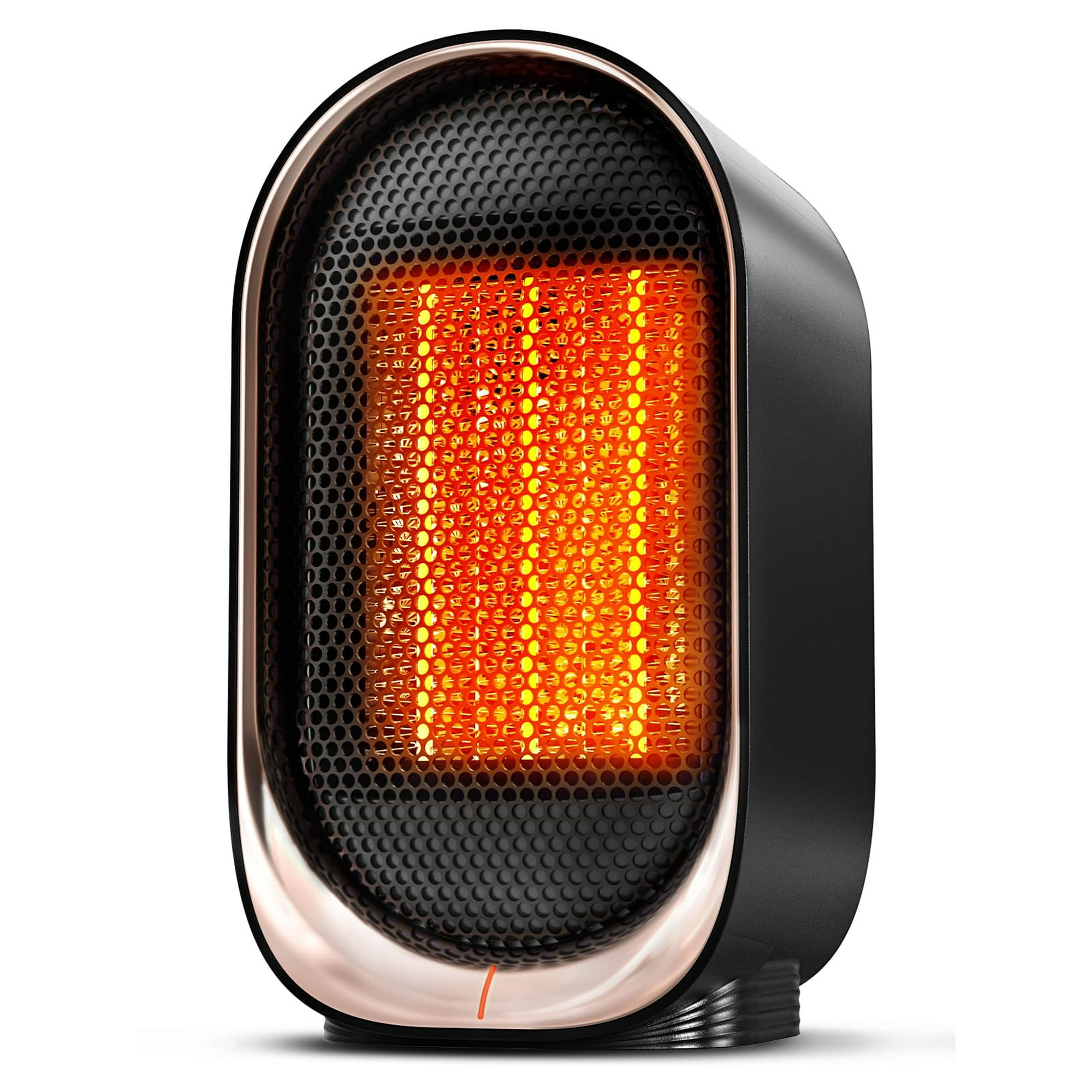 Ein schwarzer und bronzefarbener elektrischer Heizlüfter. Die Vorderseite hat ein Metallgitter mit orangefarbenem Glühen. Die Basis ist tiefschwarz.