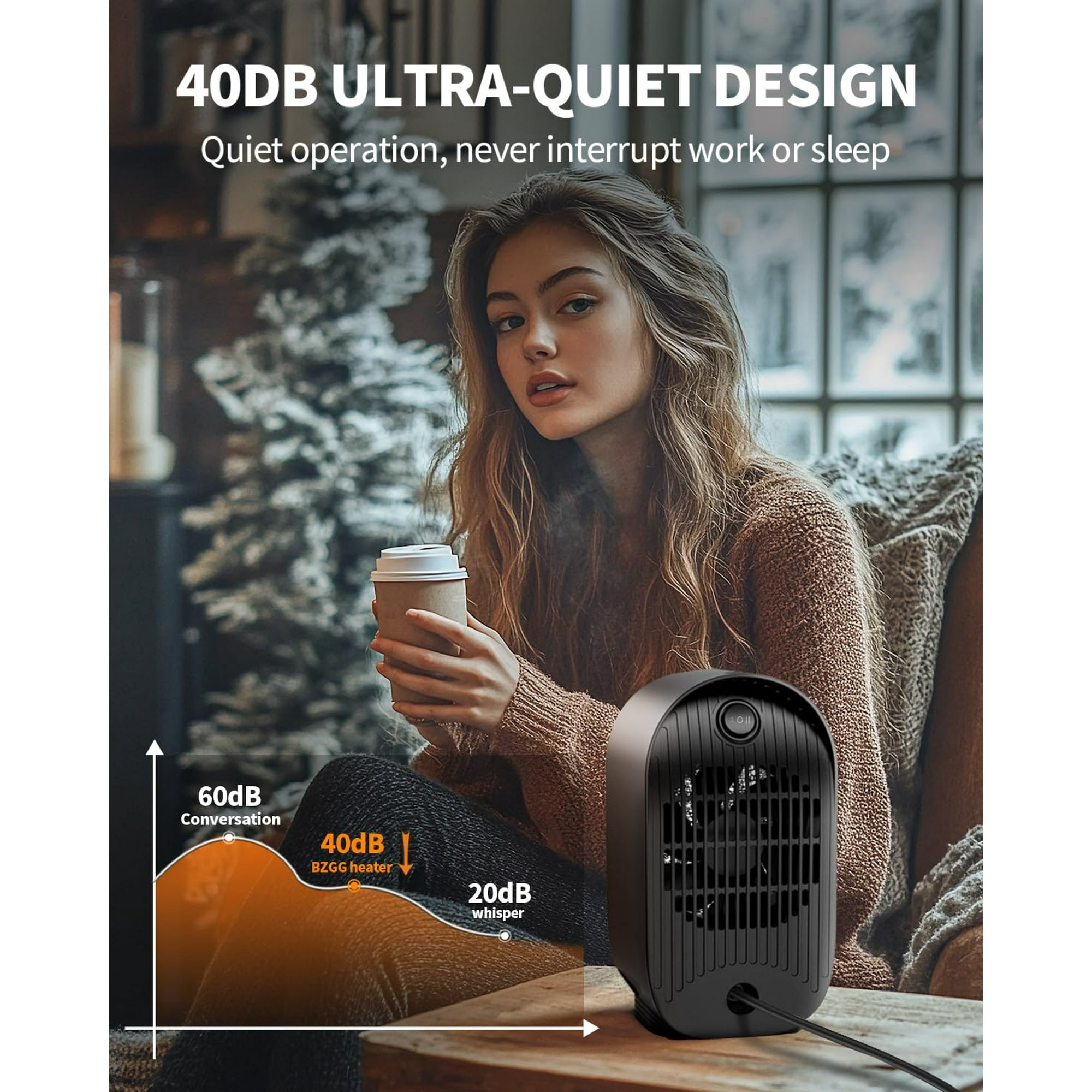 Eine Frau hält eine Kaffeetasse in der Nähe einer Heizung. Die Heizung hat einen Ventilator und einen Einschaltknopf.