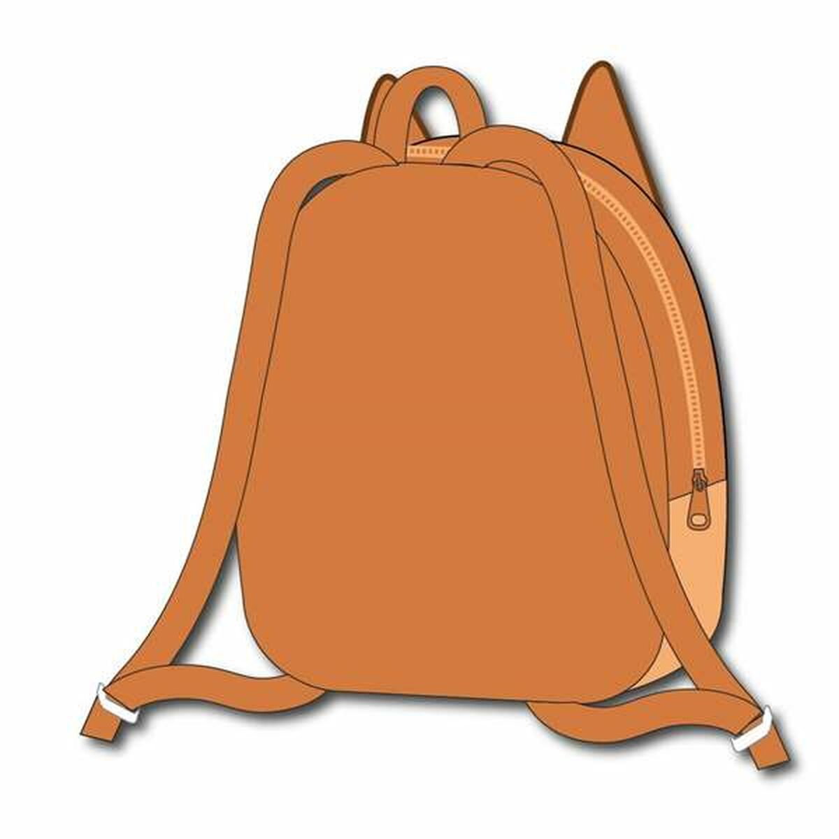 Ein brauner Rucksack mit zwei Trägern und einem Griff, mit einem Reißverschluss an der Seite. Der Hintergrund ist weiß.