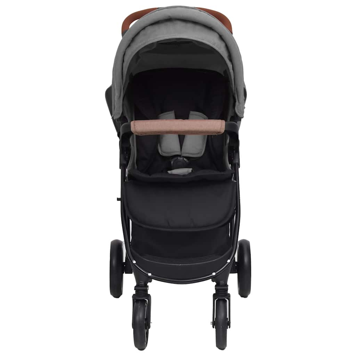 Ein grauer und schwarzer Kinderwagen mit braunem Griff und Akzenten. Er hat vier Räder, ein Verdeck und einen Sitz mit Sicherheitsgurten.
