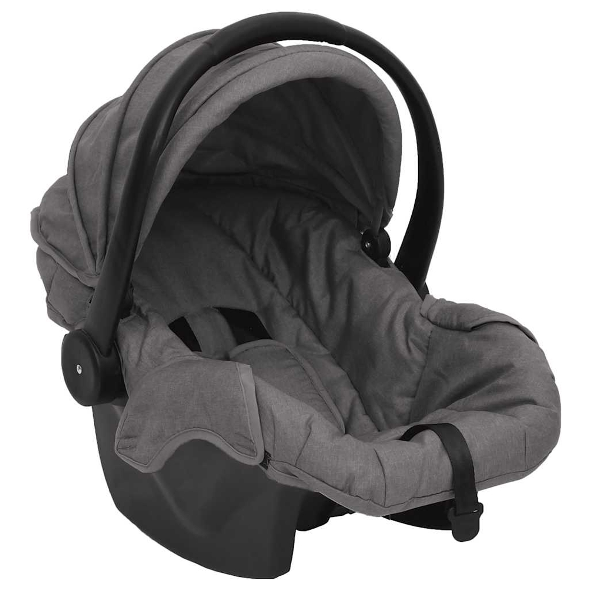 Ein grauer Babysitz mit schwarzem Griff. Der Sitz hat eine Haube und Sicherheitsgurte. Die Basis ist dunkelgrau.