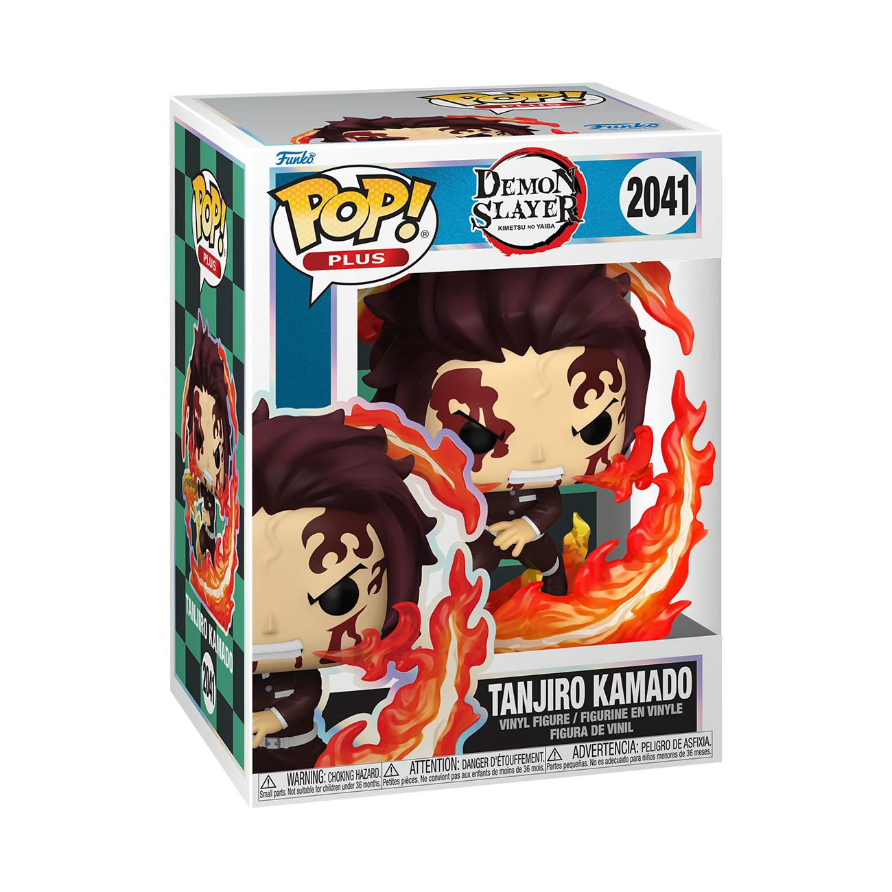 Eine Funko Pop-Box mit Tanjiro Kamado aus Demon Slayer. Flammen umgeben ihn. Die Box hat Text und Warnhinweise unten.