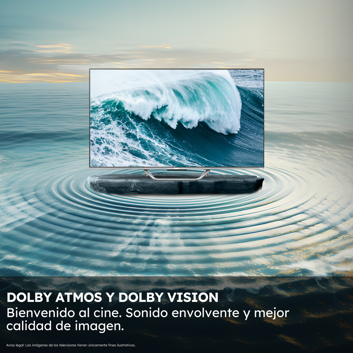TV flotando en agua. Pantalla muestra una ola. Texto abajo: 'DOLBY ATMOS Y DOLBY VISION'.