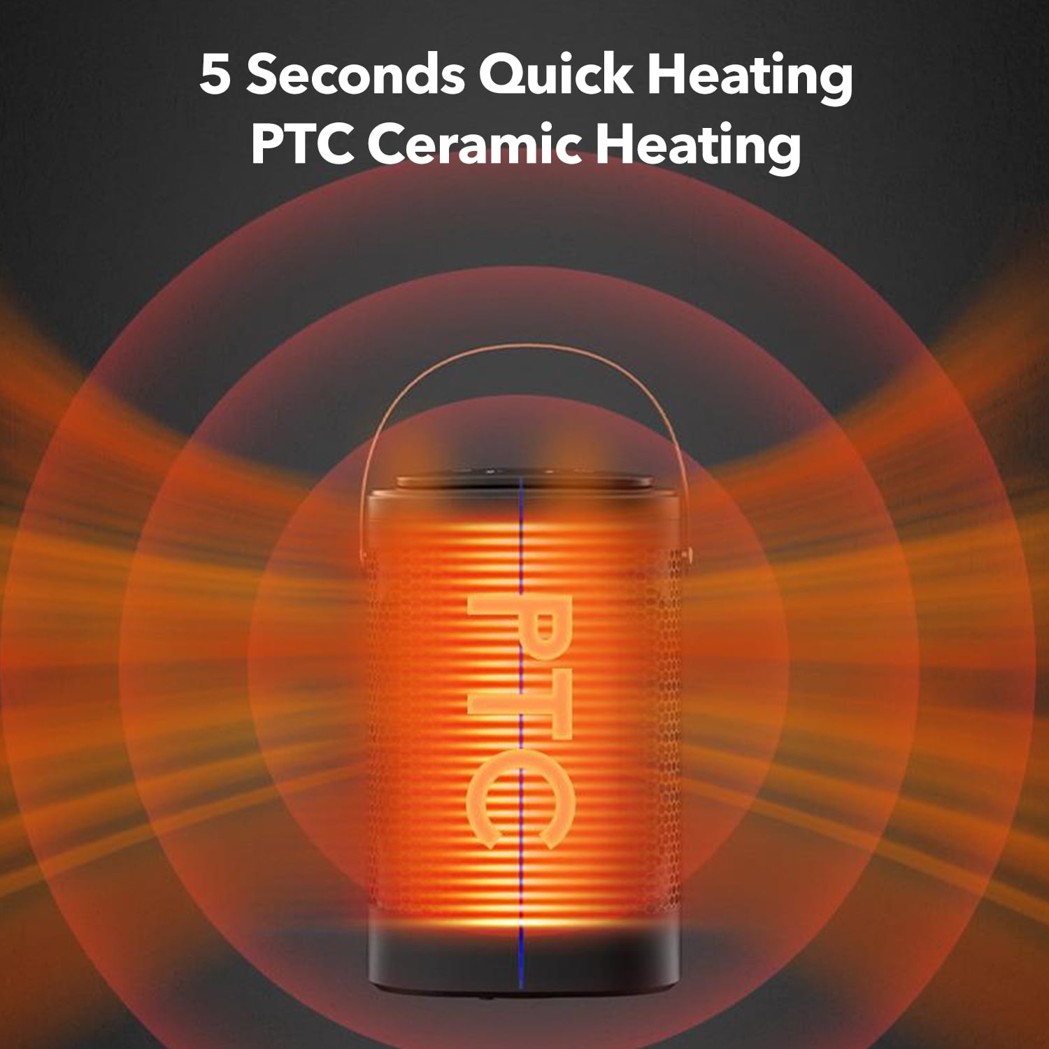 Ein orangefarbener PTC-Keramikheizer mit abstrahlenden Hitzewellen. Der Text lautet '5 Sekunden schnelles Heizen' und 'PTC-Keramikheizung'.