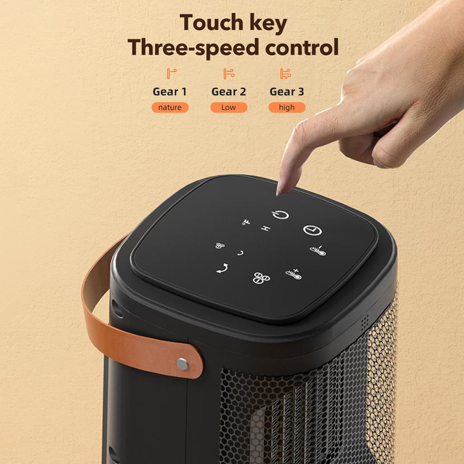 Ein schwarzer Luftreiniger mit Touch-Bedienfeld. Eine Hand berührt die Ein-/Aus-Taste. Der Reiniger hat einen Ledergriff.