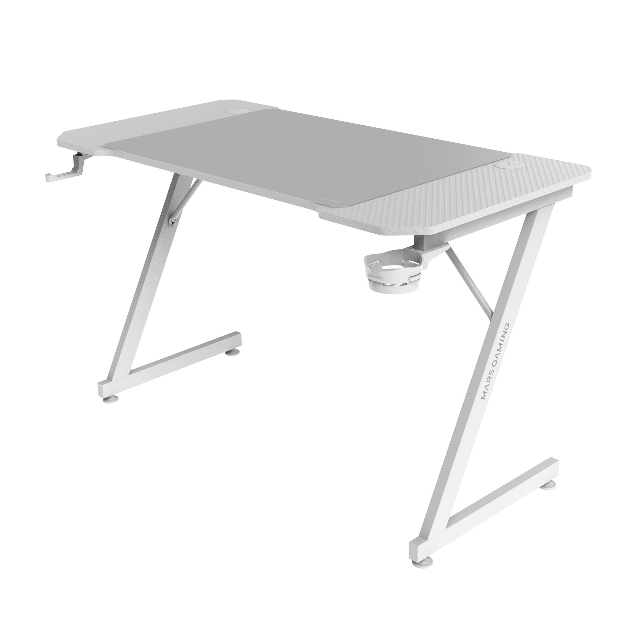 Un escritorio gaming blanco con tapa gris. Tiene un portavasos y un gancho para auriculares. Las patas son en forma de Z.