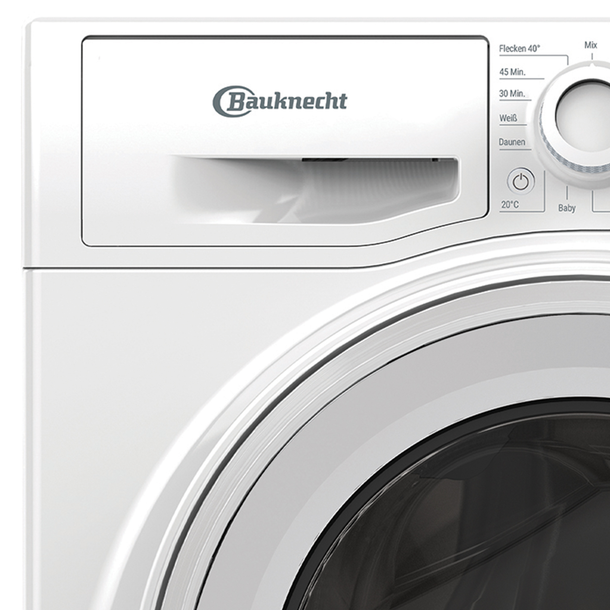 Nahaufnahme einer weißen Bauknecht Waschmaschine mit Bedienfeld, Knöpfen und einem Drehregler. Die Tür ist unten sichtbar.
