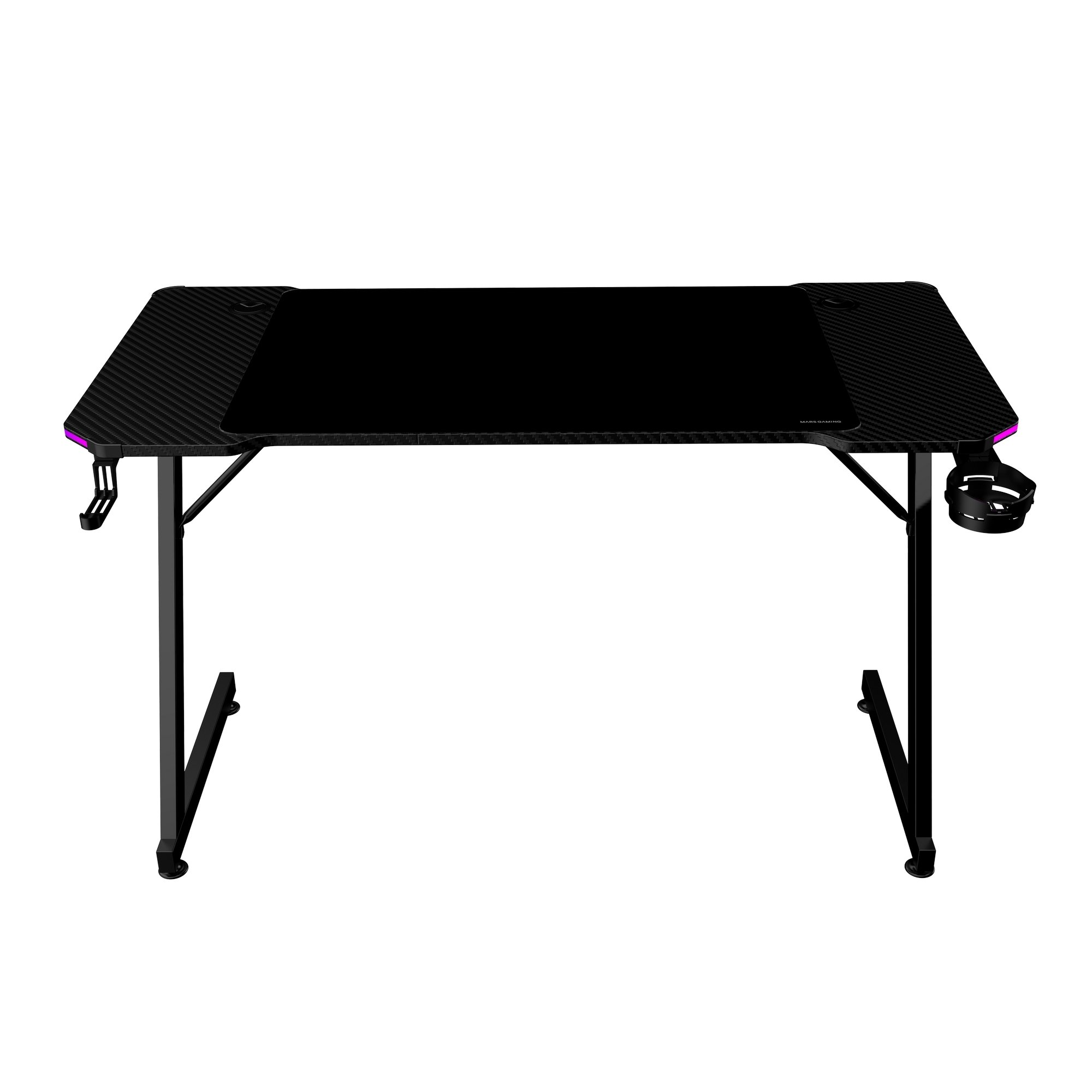 Escritorio para juegos negro con superficie de fibra de carbono, portavasos, gancho para auriculares y patas de metal negro.