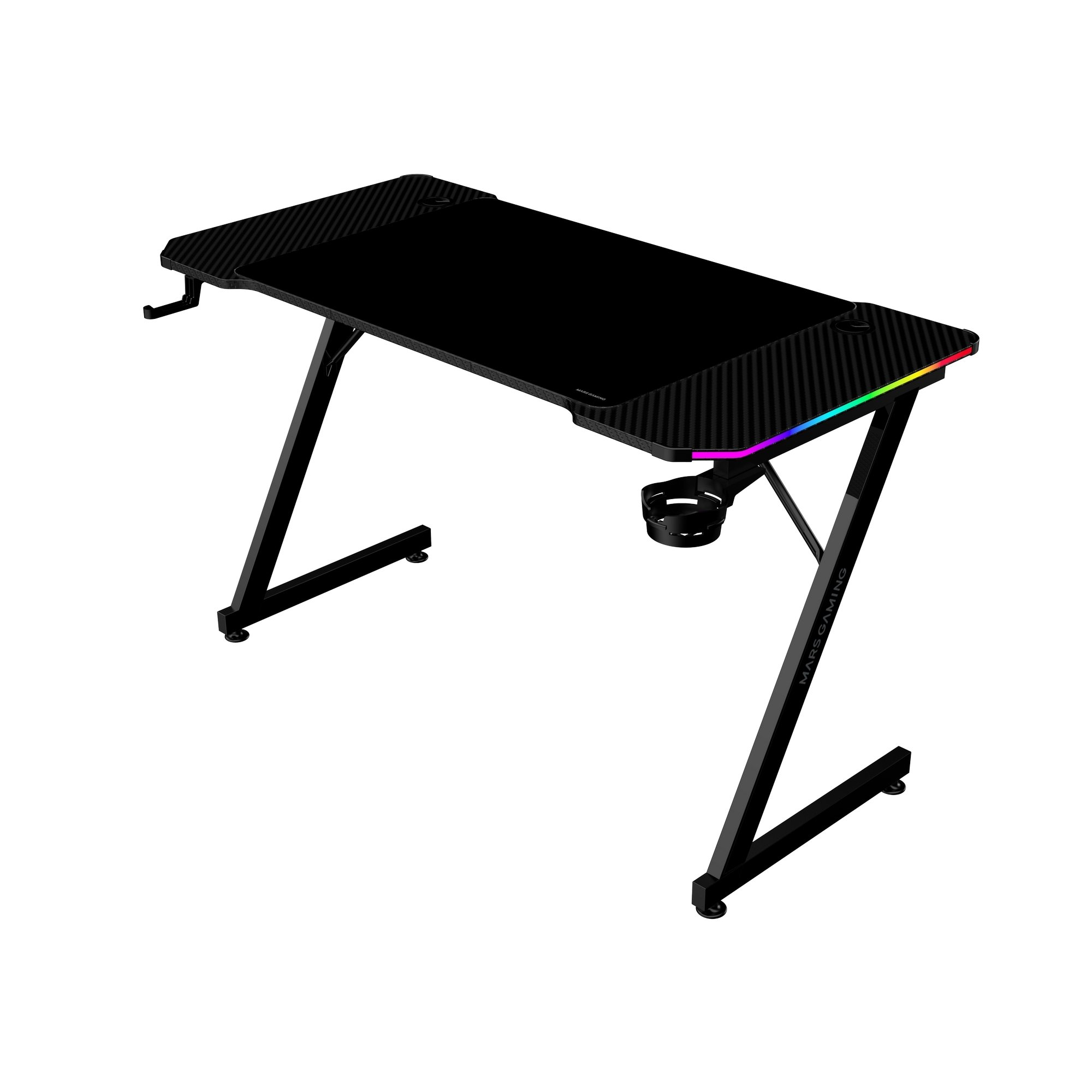 Escritorio de juego negro con patas en forma de Z. Tiene un portavasos y una tira de luz colorida en el borde. Fondo blanco.