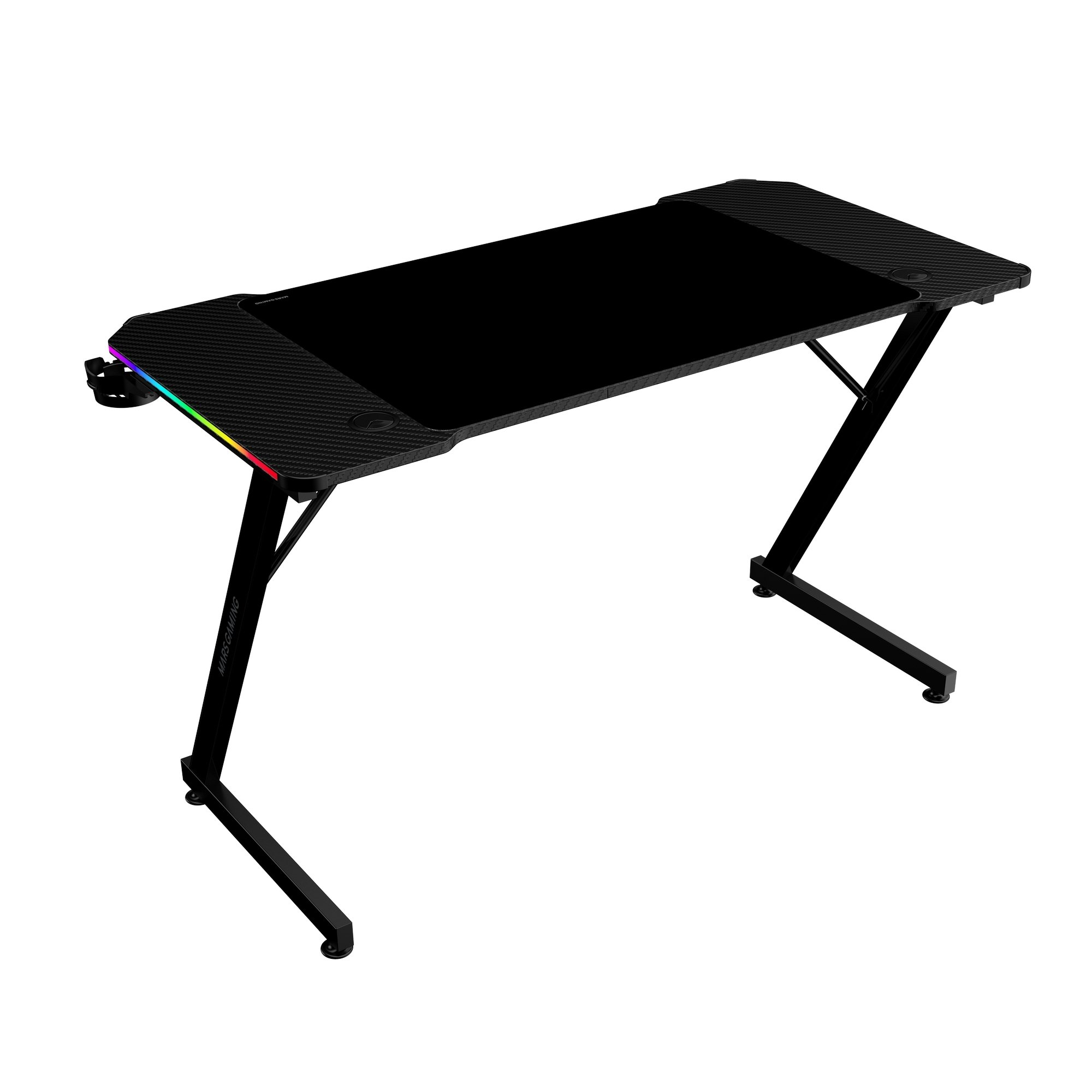 Escritorio de juego negro con tapa de fibra de carbono, luces RGB y patas de metal negro, aislado sobre fondo blanco.