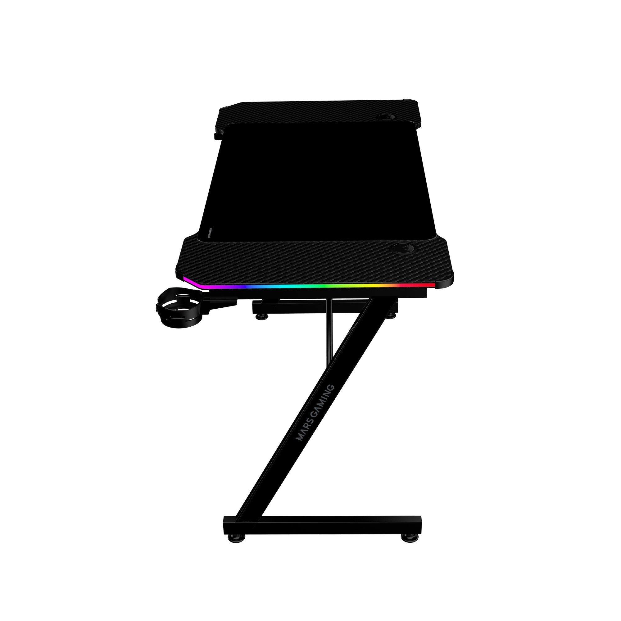 Un escritorio de juego negro con una tapa de fibra de carbono, luces LED de arcoíris y un marco de metal negro en forma de Z.