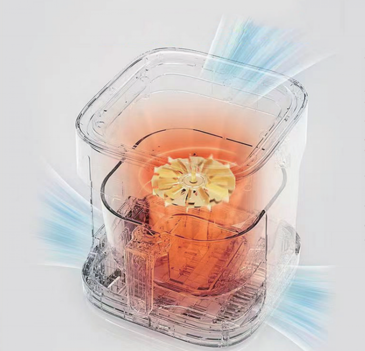 Transparenter Luftreiniger mit Ventilator. Orangefarbenes Leuchten innen, blaue Luftströmungslinien außen. Auf weißem Hintergrund.