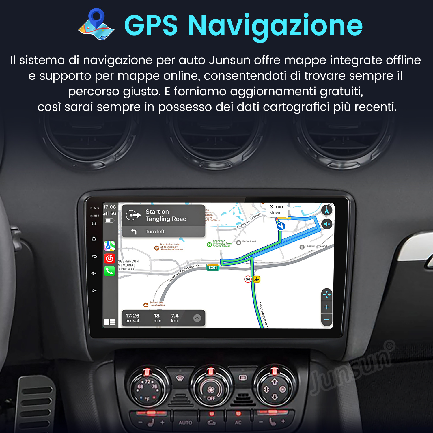 Cruscotto auto che mostra la navigazione GPS con mappa, percorso e comandi. Lo schermo mostra un percorso su una mappa.