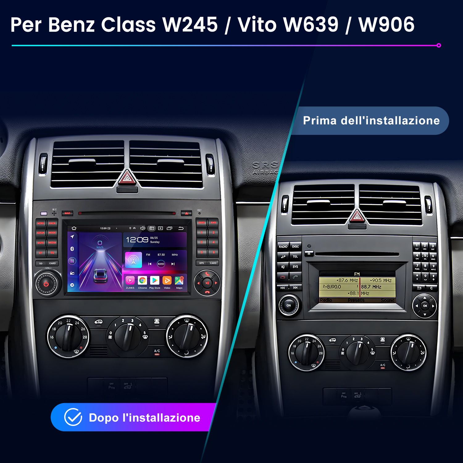 Cruscotto auto con due display: radio originale a destra e nuovo touchscreen a sinistra, mostra navigazione e app.