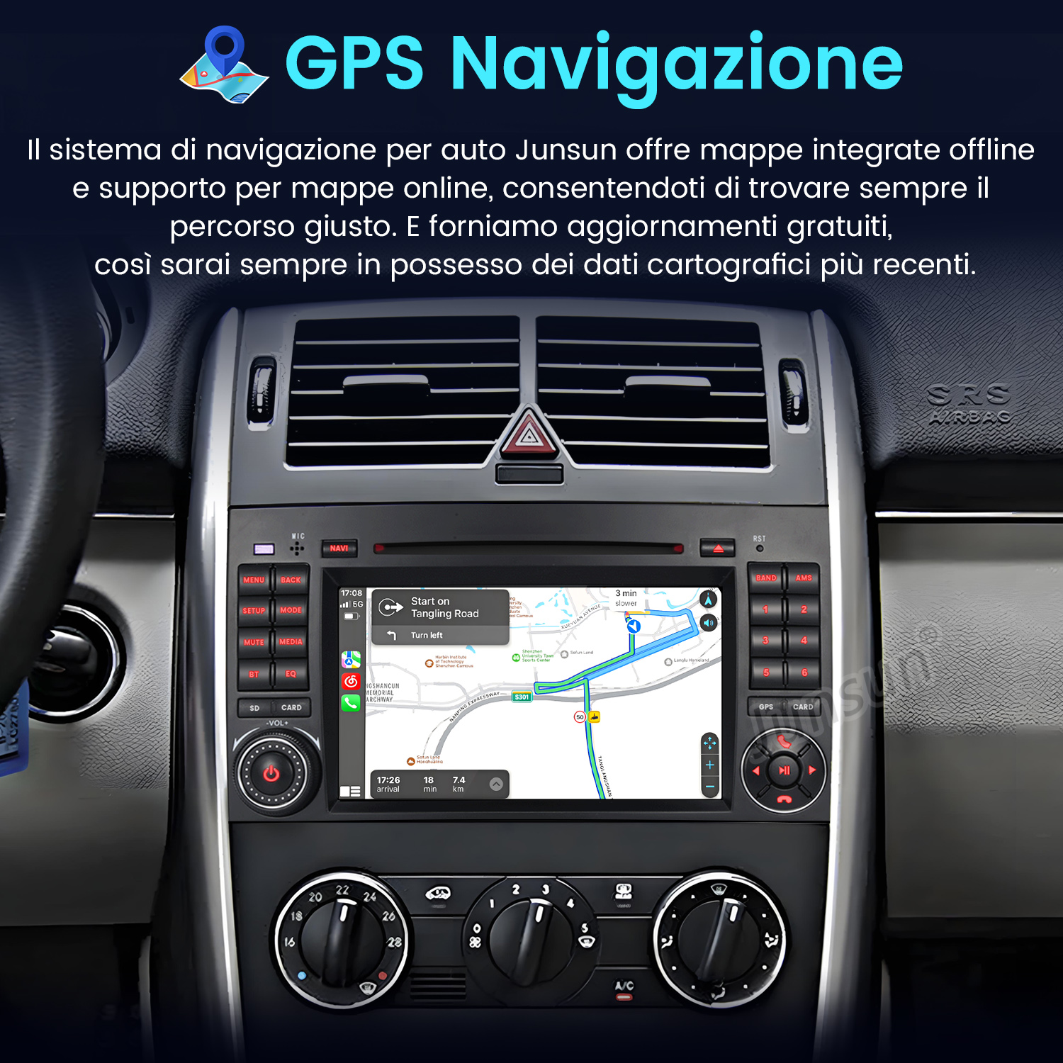 Cruscotto auto con schermo di navigazione GPS che mostra una mappa. L'interno dell'auto è nero con controlli.