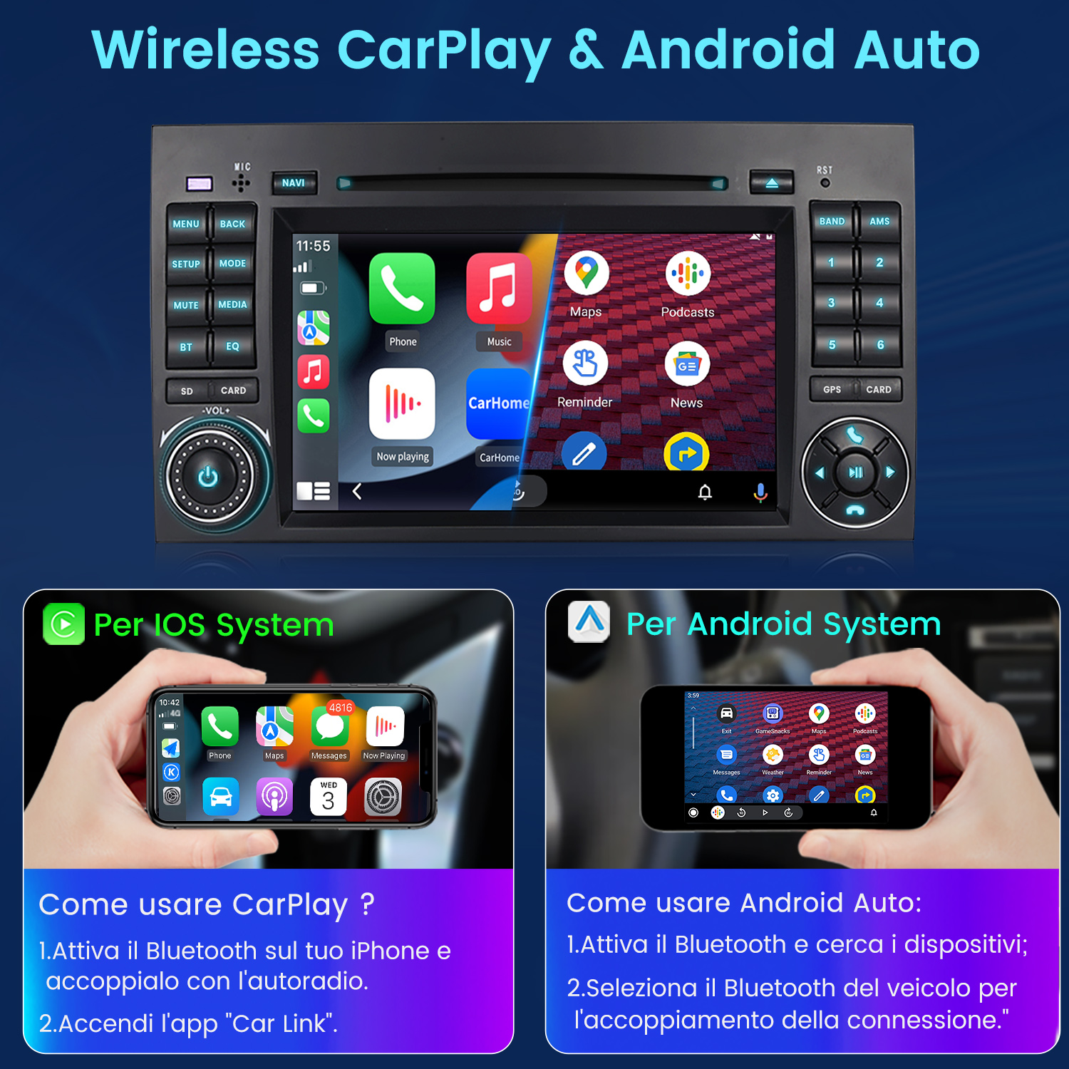 Autoradio con interfacce CarPlay e Android Auto. Mostra le app telefono, musica, mappe e podcast.