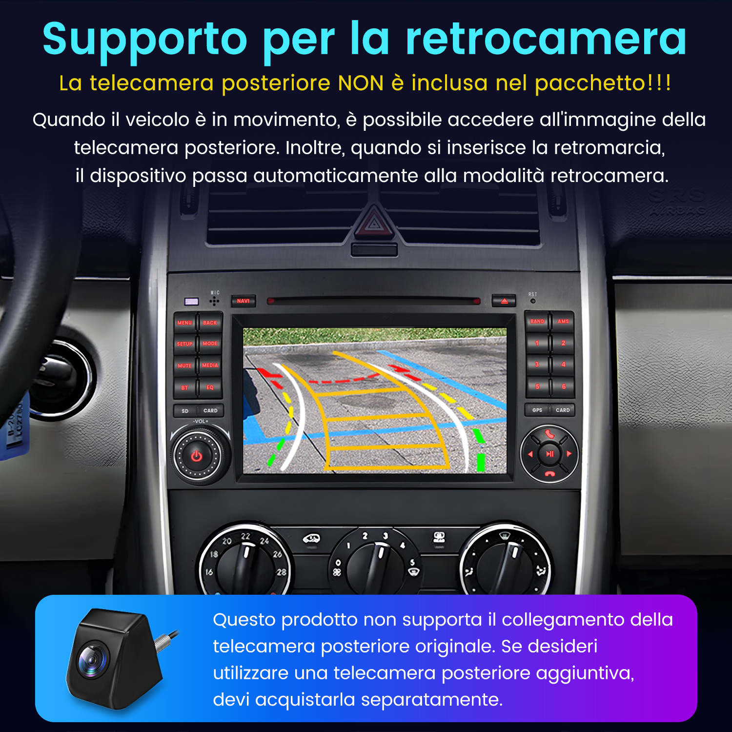 Cruscotto auto con schermo che mostra la vista della telecamera posteriore. Fotocamera nera in basso a sinistra.