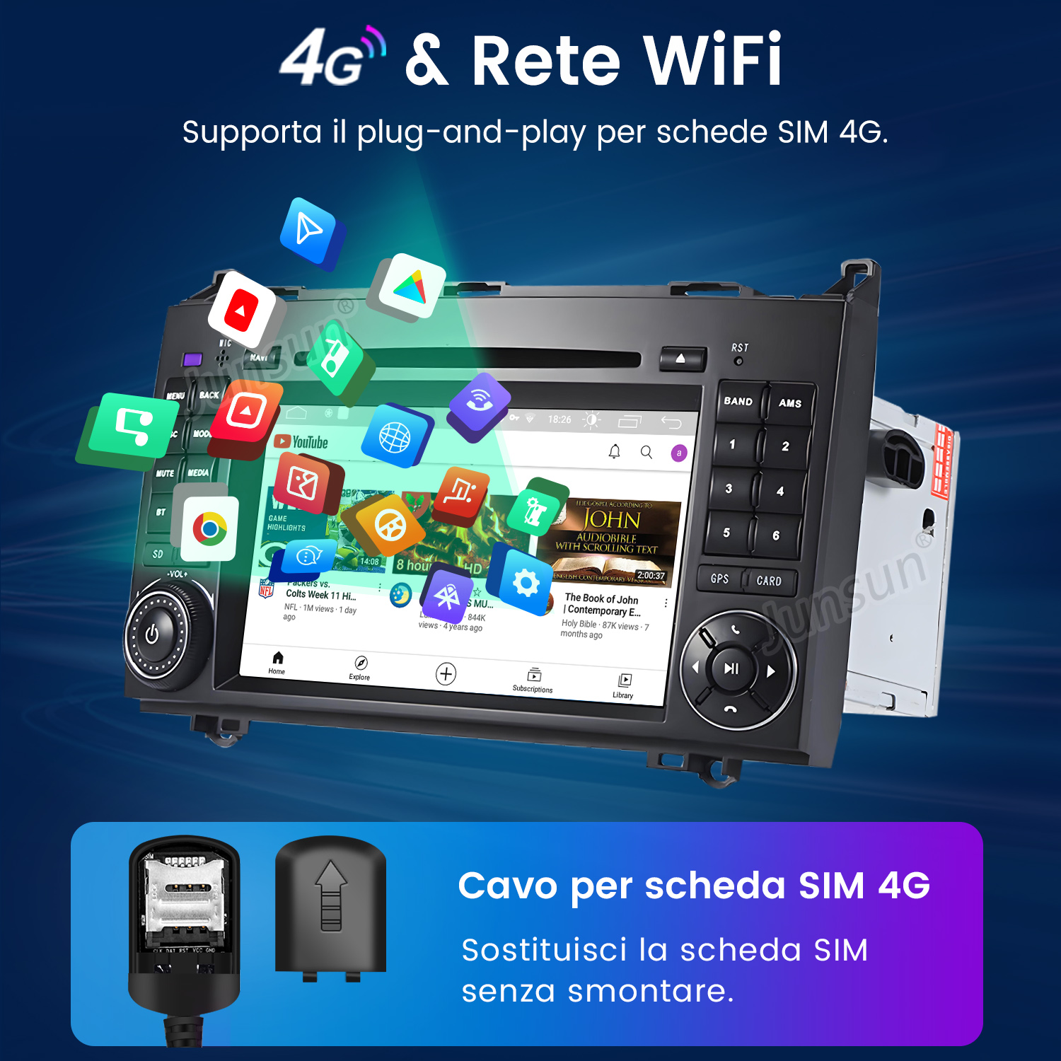 Sistema multimediale per auto con touchscreen che mostra app, uno slot per schede SIM e testo in italiano.