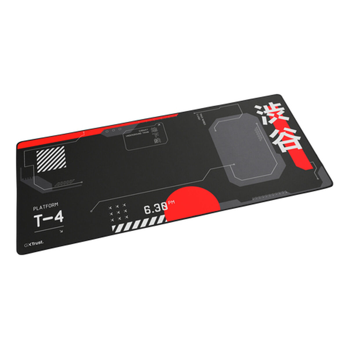 Tappetino nero con dettagli rossi e caratteri giapponesi. Testo: 'Platform T-4' e '6.30 PM'.