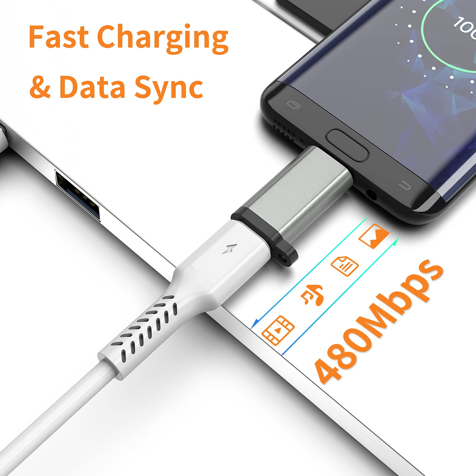 Ein Telefon, das über ein USB-Kabel aufgeladen wird. Text: Schnelles Laden & Datensynchronisation, 480 Mbit/s. Das Telefon ist zu 100 % geladen.
