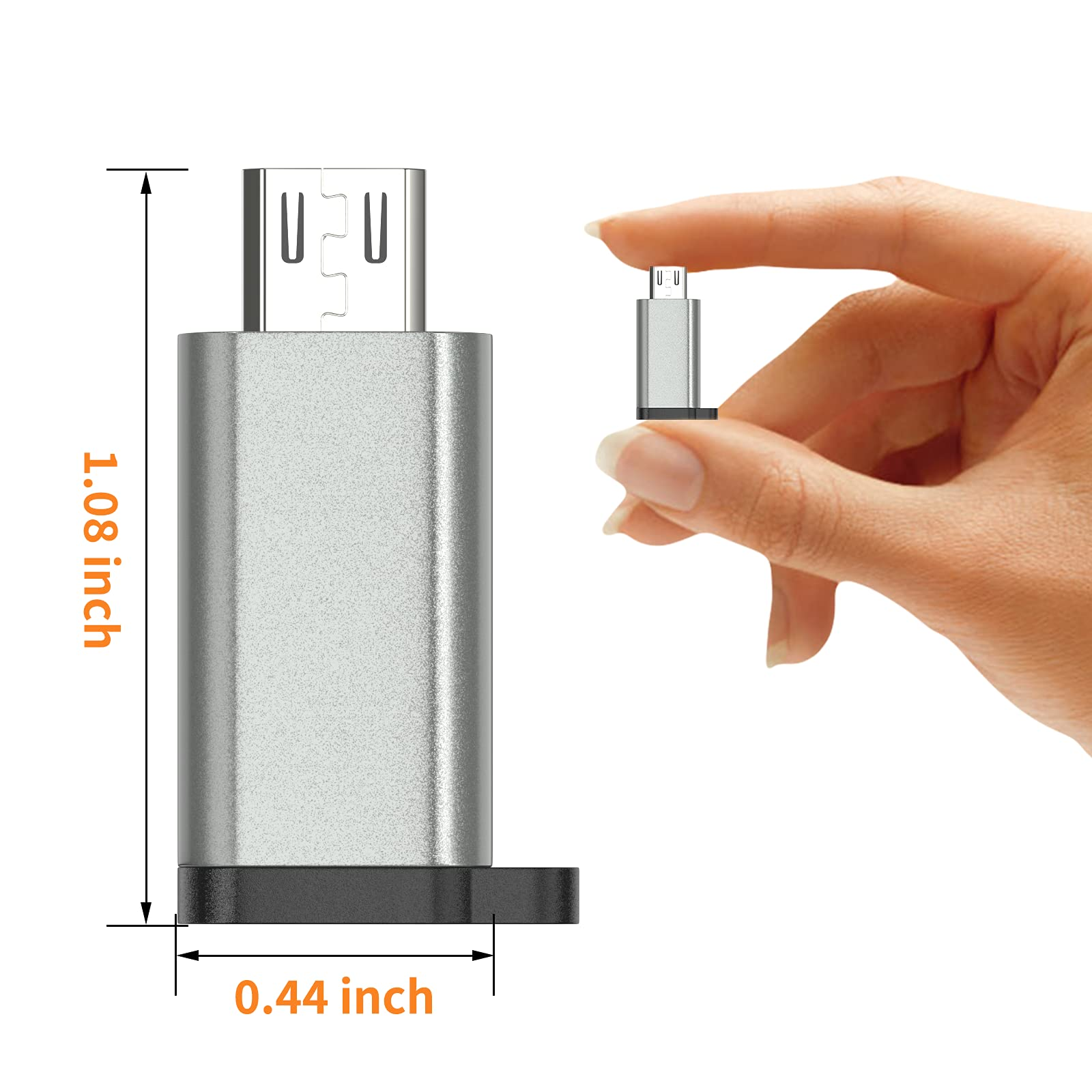 Ein silberner USB-Adapter, der von einer Hand gehalten wird. Ein Adapter wird mit beschrifteten Abmessungen gezeigt. Weißer Hintergrund.