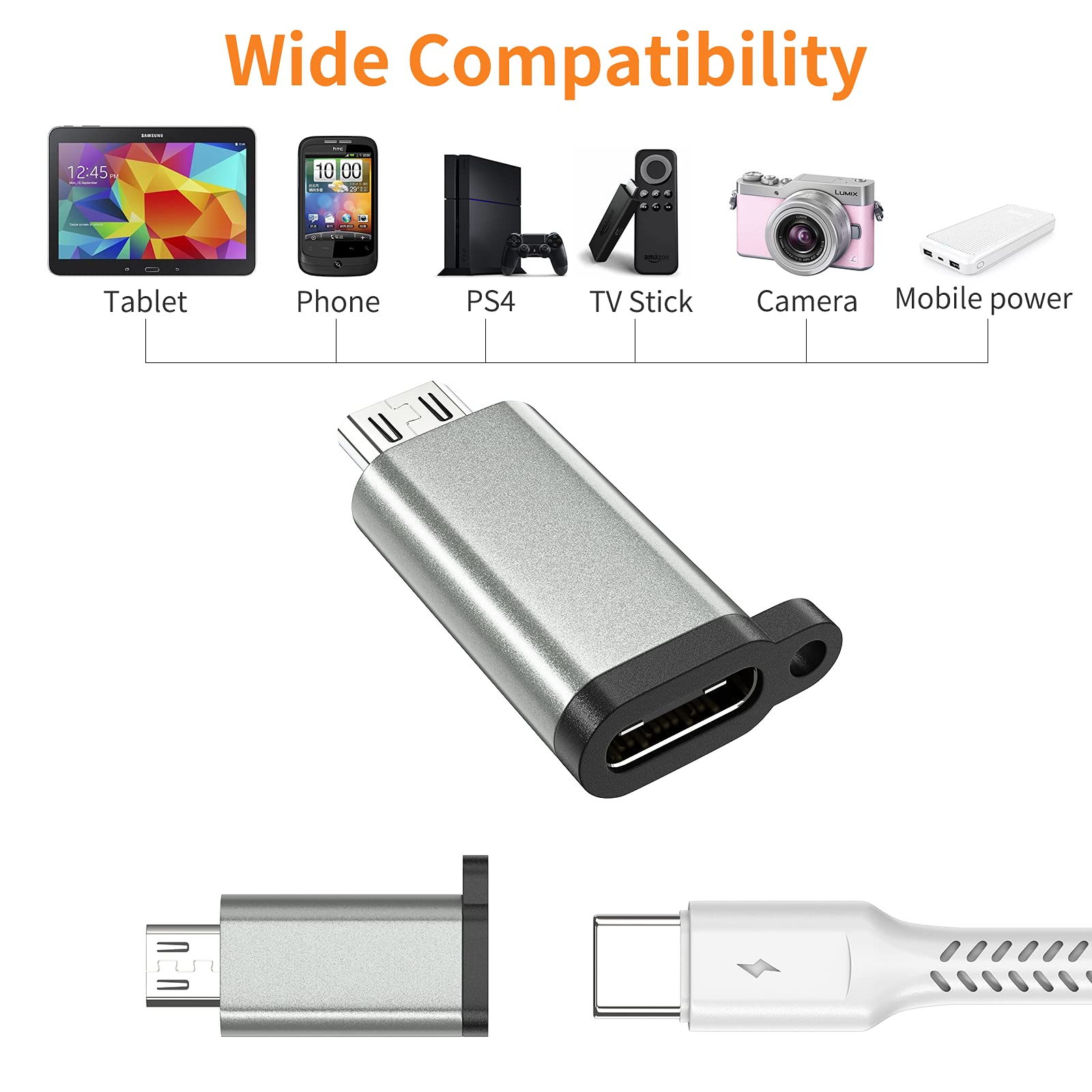 Das Bild zeigt einen silbernen USB-Adapter mit verschiedenen Geräten wie Tablet, Telefon, PS4, TV-Stick, Kamera und mobilem Strom.