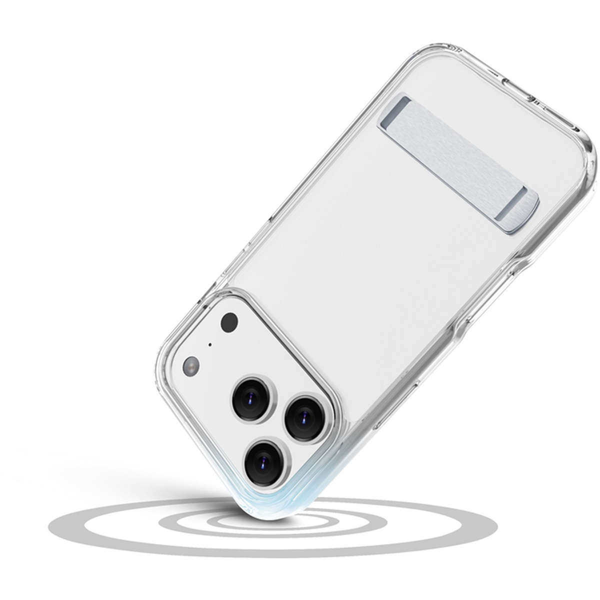 Une coque de téléphone transparente avec béquille, montrant les lentilles de la caméra. Elle est inclinée, projetant une ombre sur fond blanc.
