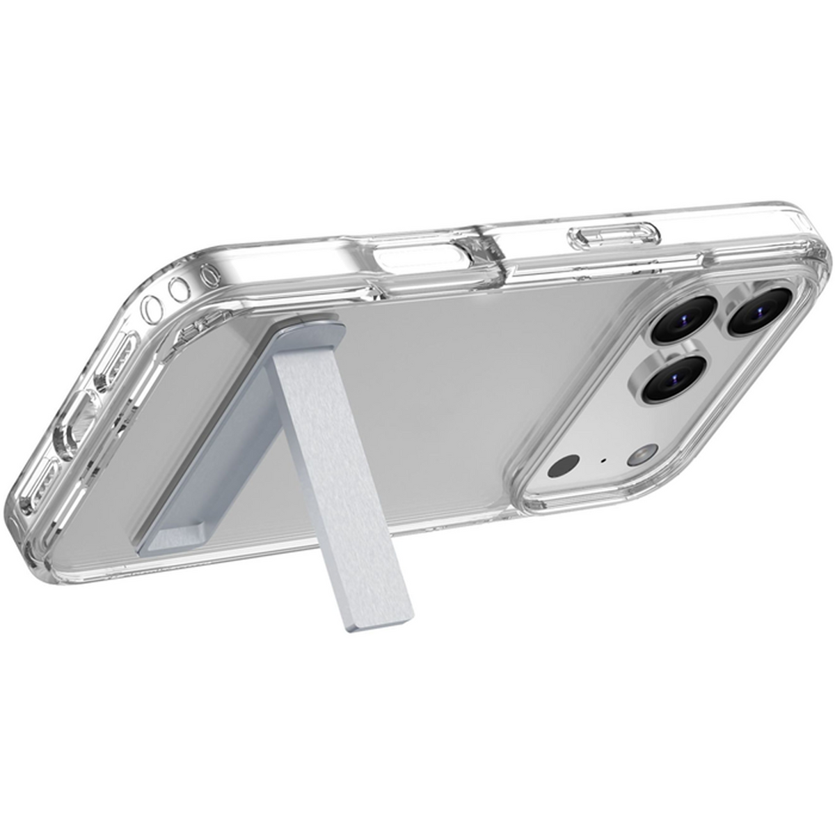 Un étui de téléphone transparent avec un support est affiché. L'étui a trois lentilles de caméra et un support blanc.