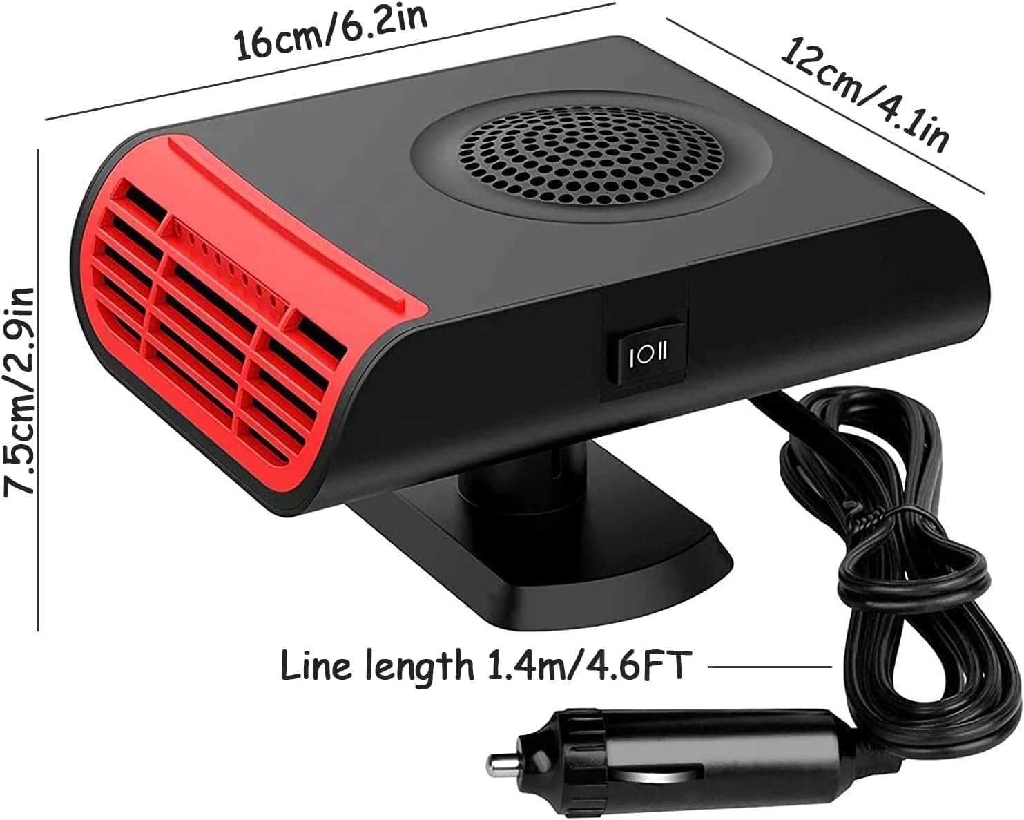 Ein schwarzer und roter Autoheizer mit Abmessungen und einem Stromkabel. Er hat einen Ein-/Ausschalter. Das Kabel endet mit einem Auto-Netzteil.