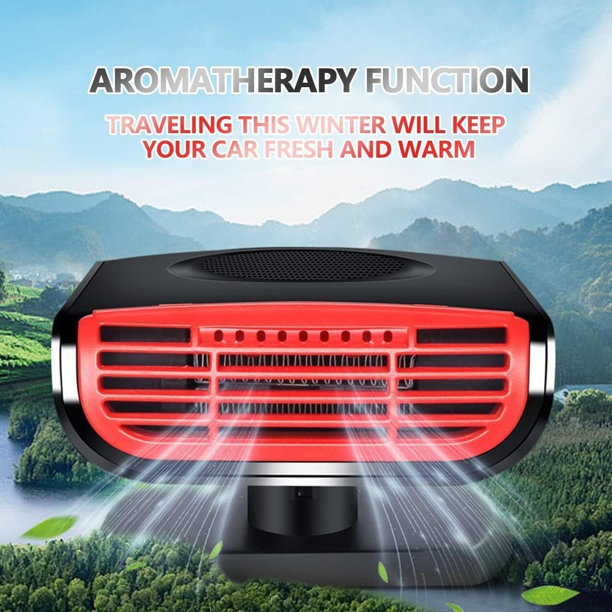 Auto-Lufterfrischer mit Aromatherapie-Funktion. Rotes und schwarzes Gerät mit Bergen und Wald im Hintergrund, grüne Blätter.
