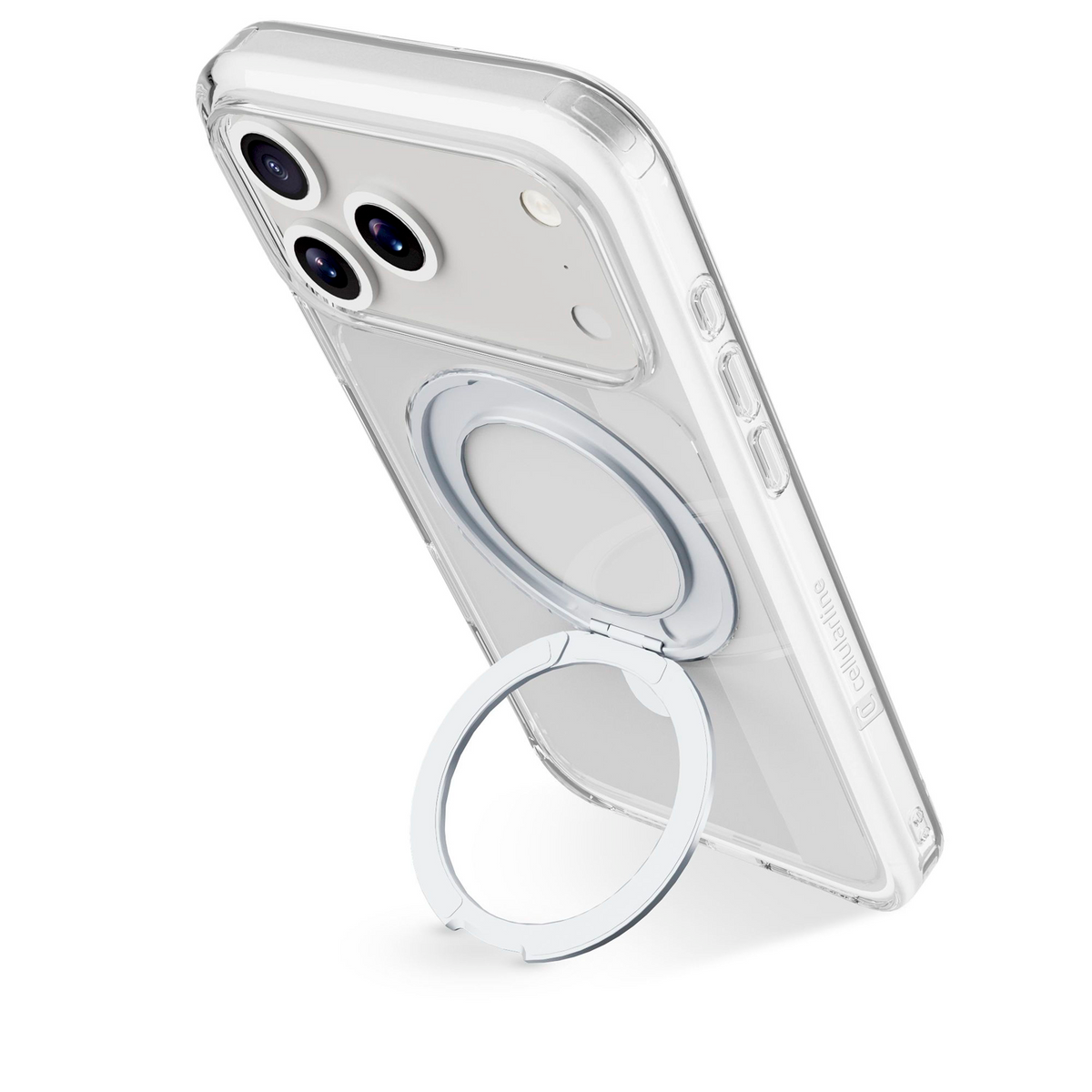Coque transparente pour iPhone avec support annulaire blanc. La coque a une bosse pour la caméra. L'anneau est ouvert et incliné.