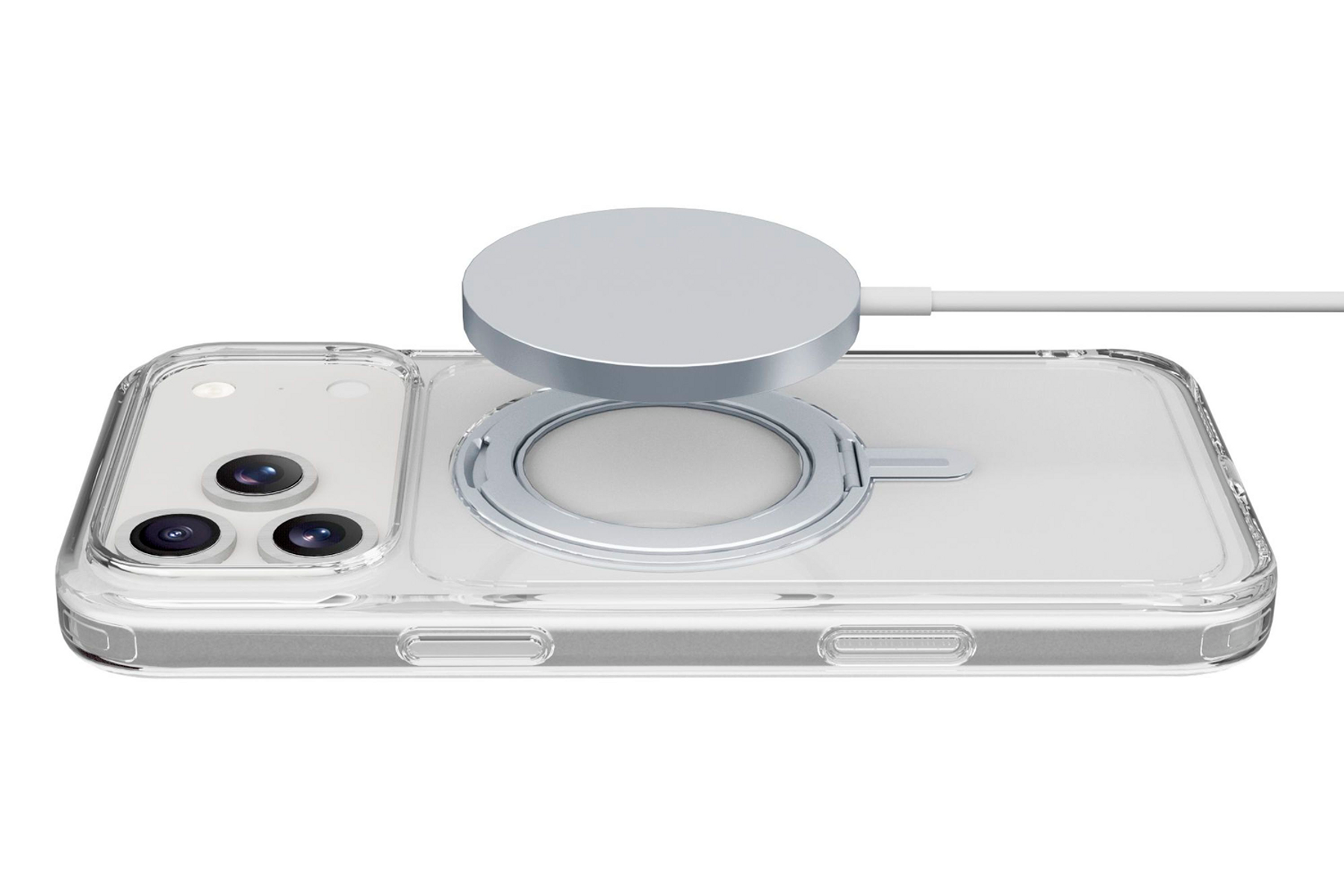 Une coque de téléphone transparente avec un socle de chargement argenté en lévitation au-dessus. Le téléphone a trois objectifs.