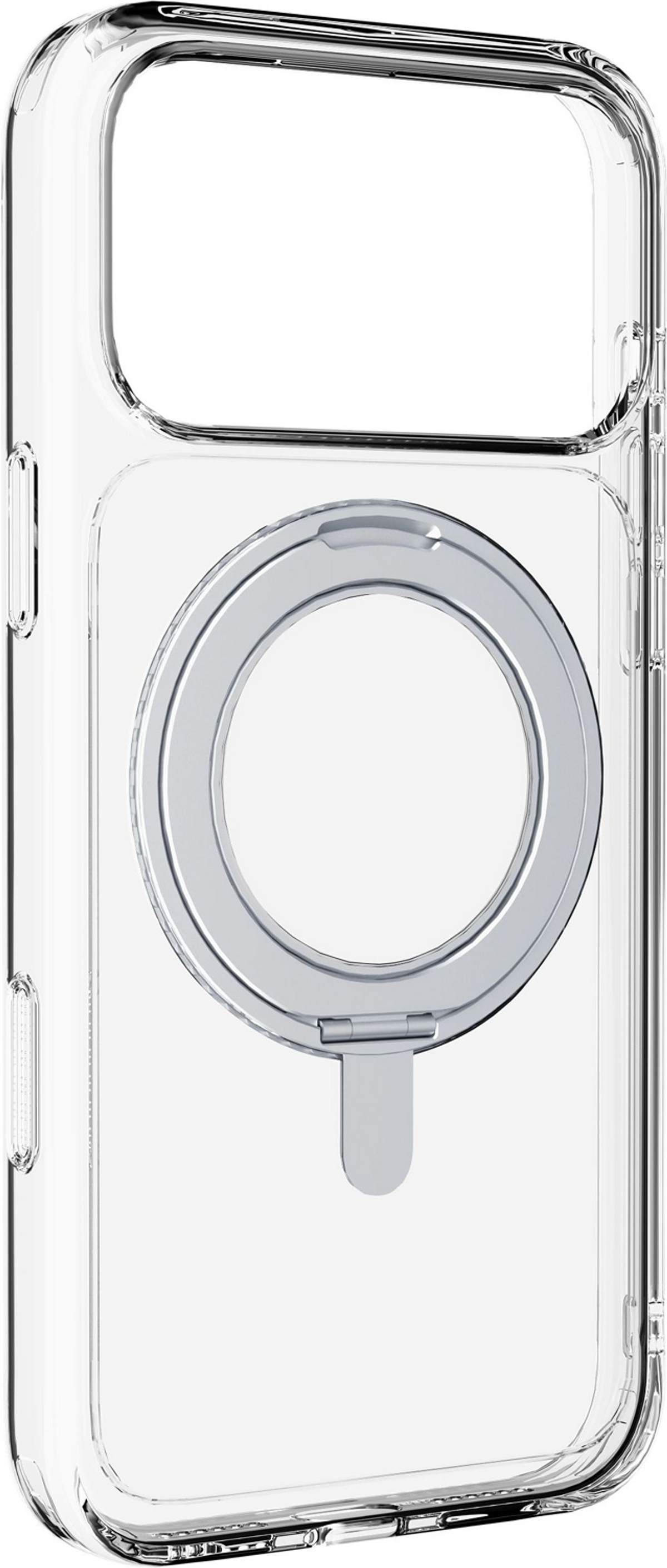 Une coque de téléphone transparente avec un anneau magnétique circulaire au centre.