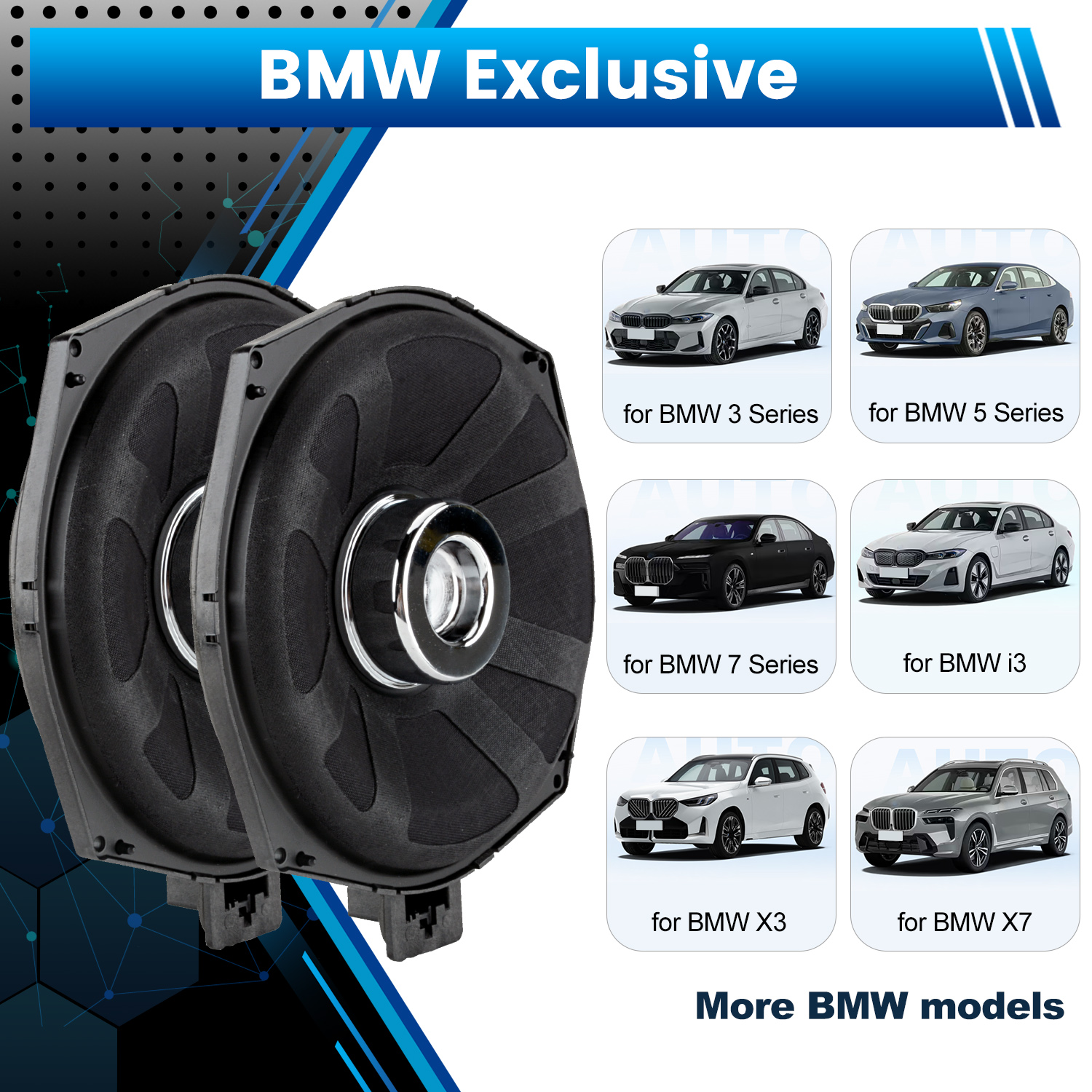 L'immagine mostra due altoparlanti, con modelli di auto BMW come Serie 3, 5, 7, i3, X3 e X7. Il testo recita 'BMW Exclusive' e 'More BMW models'.