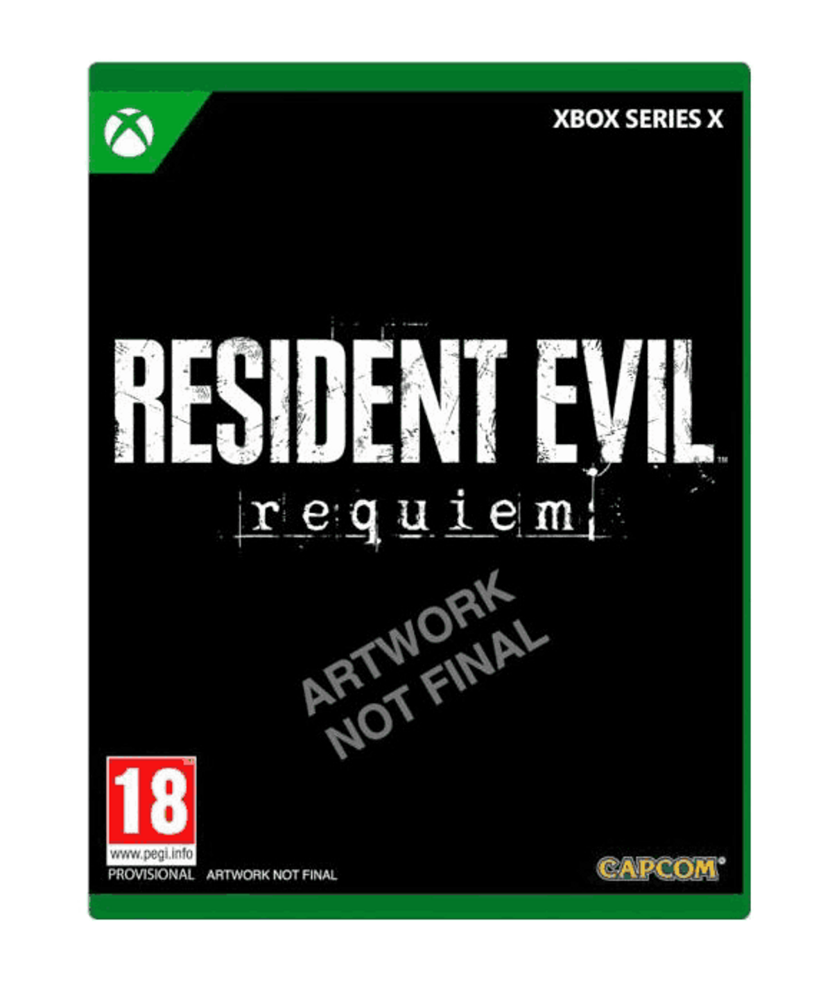 Copertina del gioco Resident Evil Requiem, Xbox Series X. Presenta testo e loghi su sfondo nero, con bordo verde.