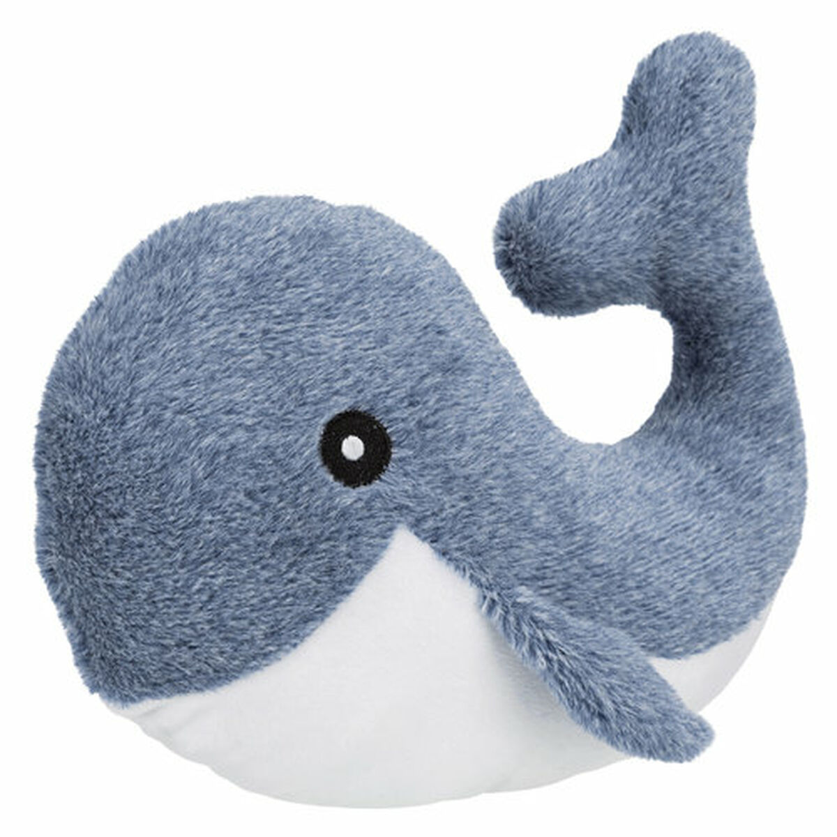 Un giocattolo a forma di balena di peluche. È blu con la pancia bianca e un occhio nero. La coda è su.