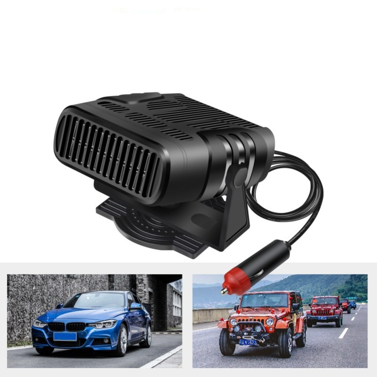 Schwarze Autoheizung mit Netzkabel. Unten sind ein blaues Auto und ein orangefarbener Jeep abgebildet. Im Hintergrund sind weitere Autos zu sehen.