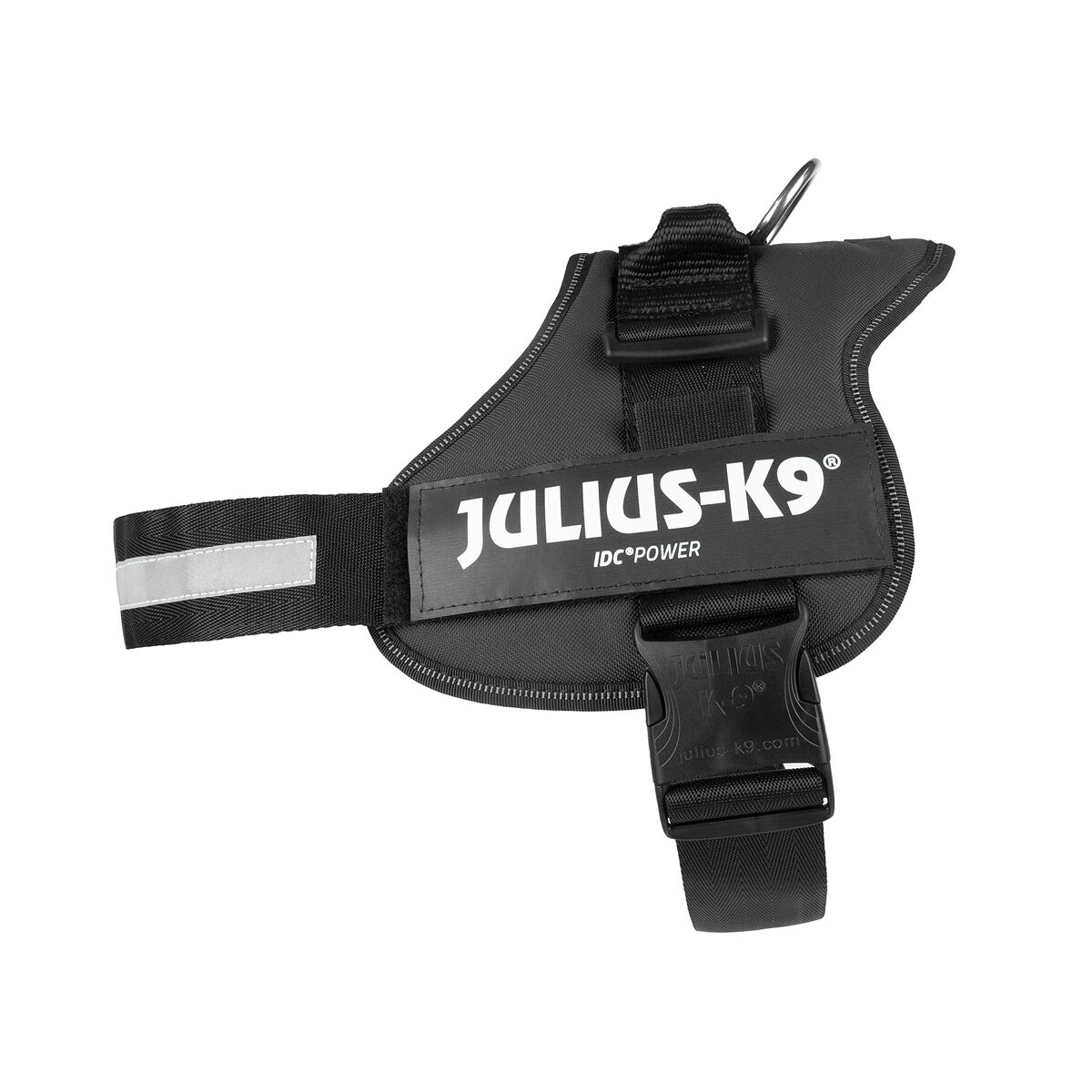 Arnés negro para perros con el logo 'JULIUS-K9' en blanco. Tira reflectante en la correa. Hebillas y anilla en D presentes. Impreso 'IDC POWER'.