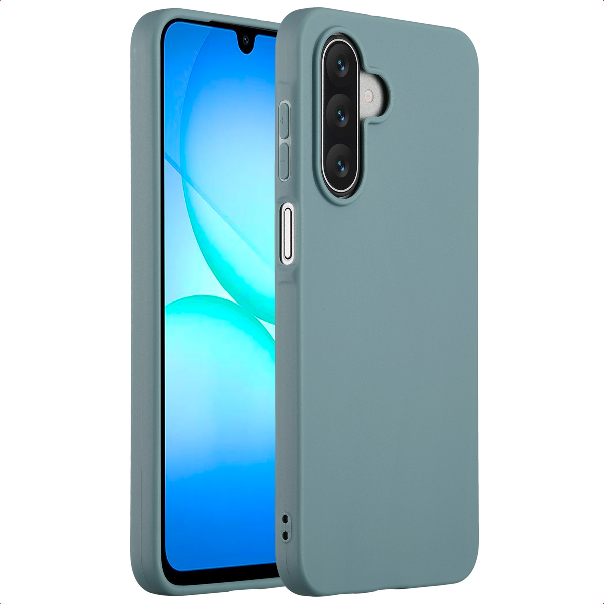 Een blauwgroene telefoonhoes bedekt gedeeltelijk een telefoon. Het scherm van de telefoon is zichtbaar. De hoes heeft een cameramodule en knoppen.